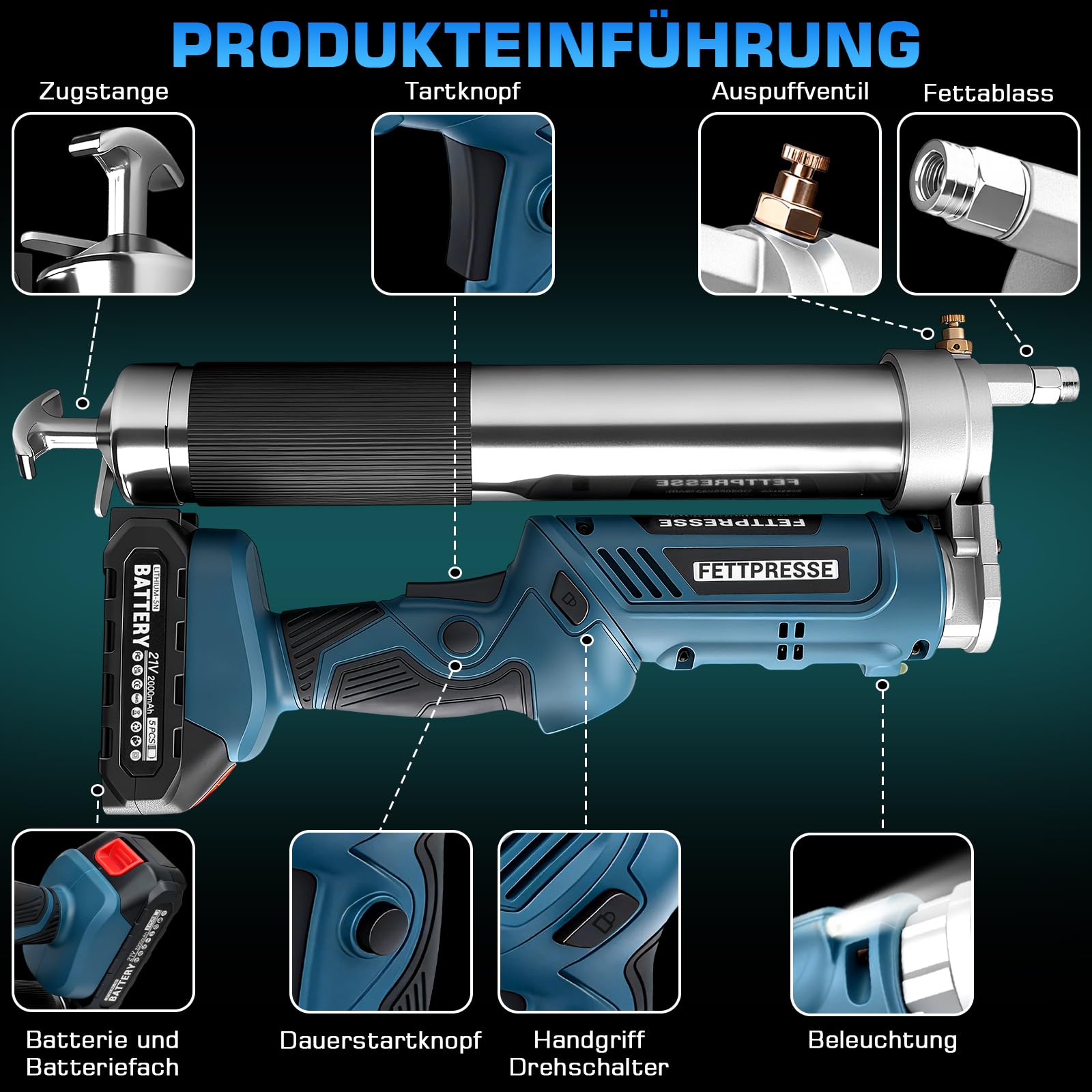 Pistola engrasadora con batería de 12000 PSI con 2 pilas de 2,0 Ah y cargador | Pistola engrasadora eléctrica con manguera de alta presión de 100 cm, 3 boquillas, motor sin escobillas y luz LED
