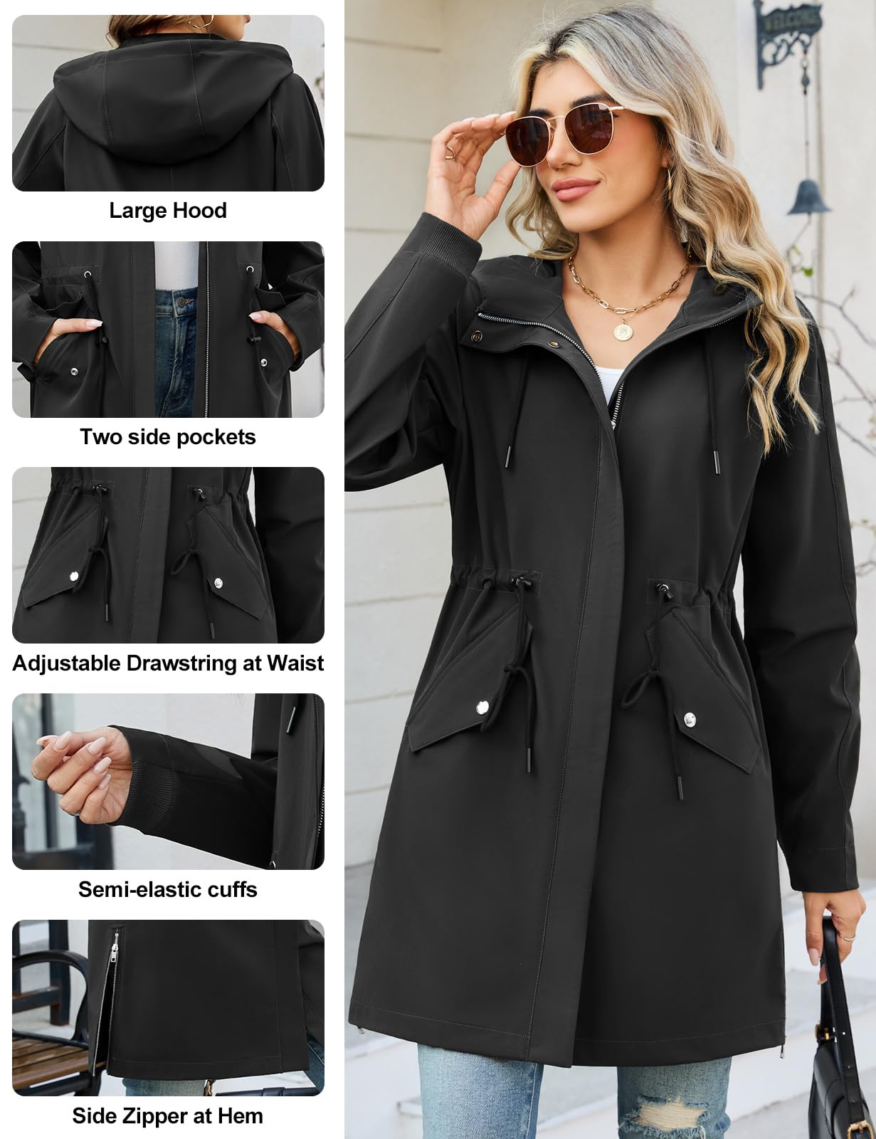Tuopuda Giubbotto Leggero Donna con Cappuccio Cappotto Lungo con Vita Regolabile Parka Giacca a vento Idrorepellente per la Primavera Autunno
