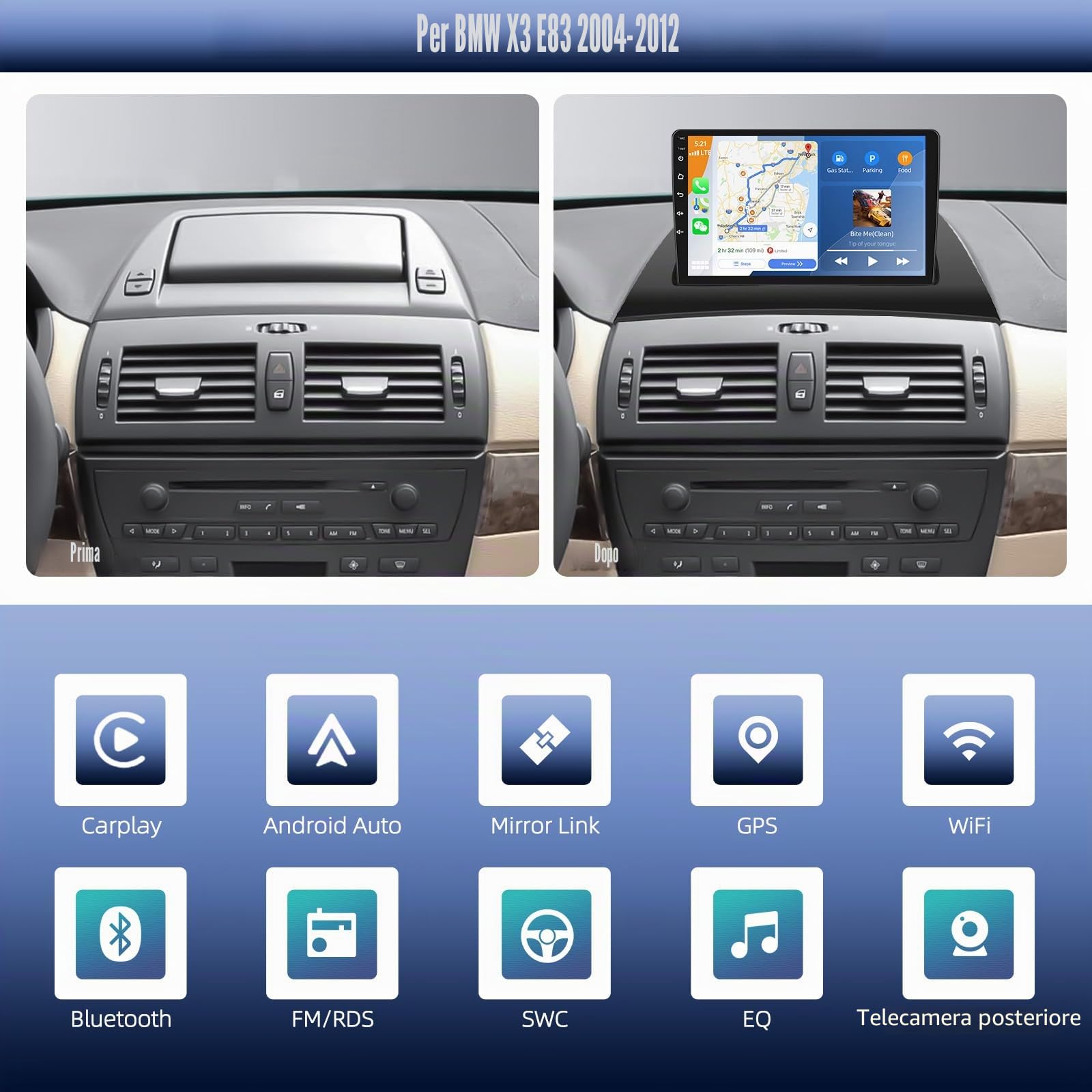 [4G+64G] Autoradio Android 13 per BMW X3 E83 (2004-2012) con Carplay Android Auto,9" Touch Screen Radio con AI DSP Bluetooth EQ GPS WiFi FM/RDS MirrorLink Split Screen+fotocamera posteriore e