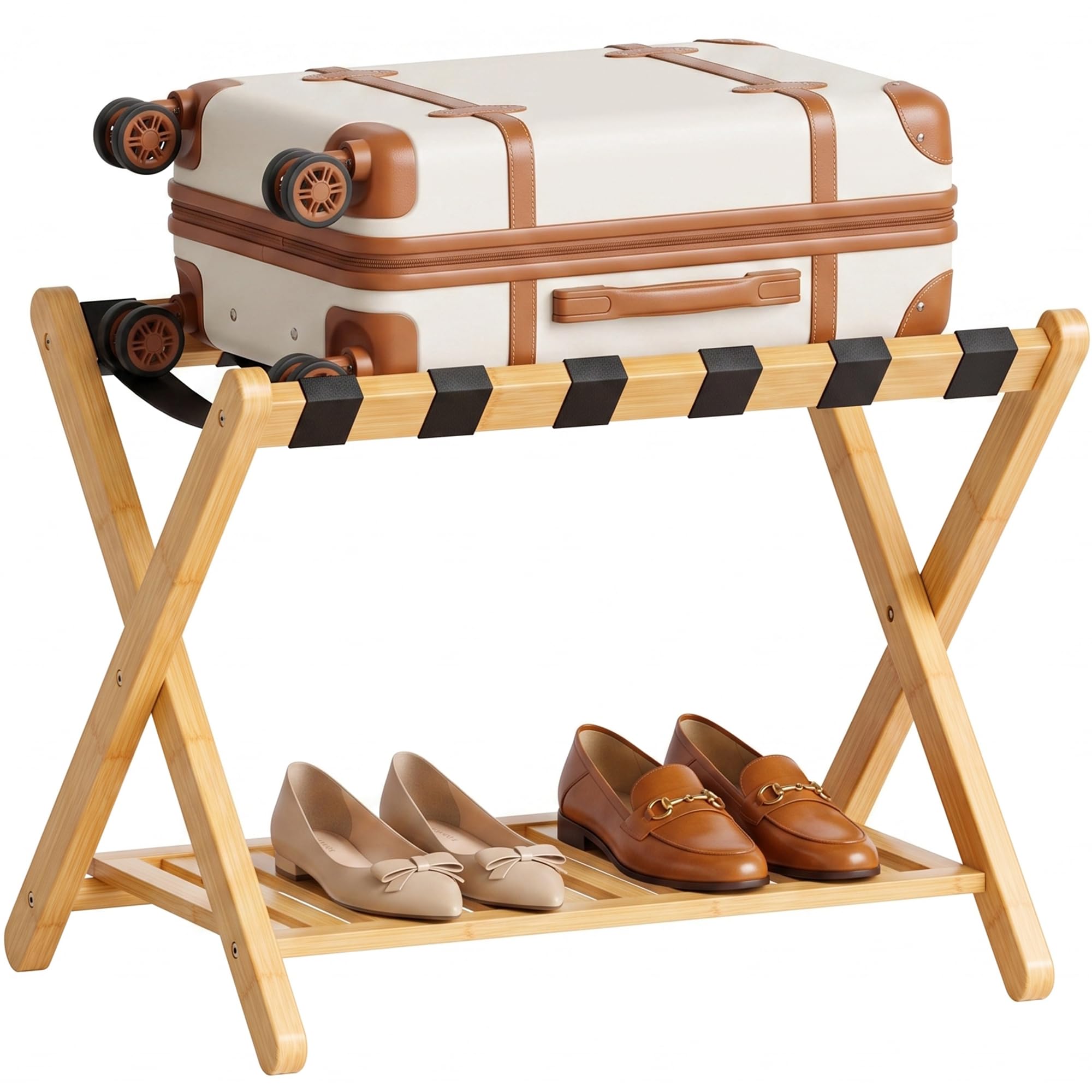 SMIBUY Porte-bagages, support de valise pliable en bambou avec étagère de rangement pour chambre d’amis, chambre, hôtel, robuste (naturel et noir)