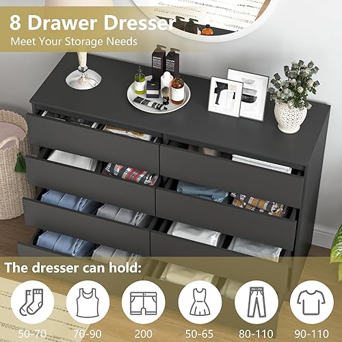 Miniatura 7 de VERYKE Cómoda negra de 8 cajones para dormitorio, cómoda con diseño sin asas para armario, cómoda de madera moderna para dormitorio