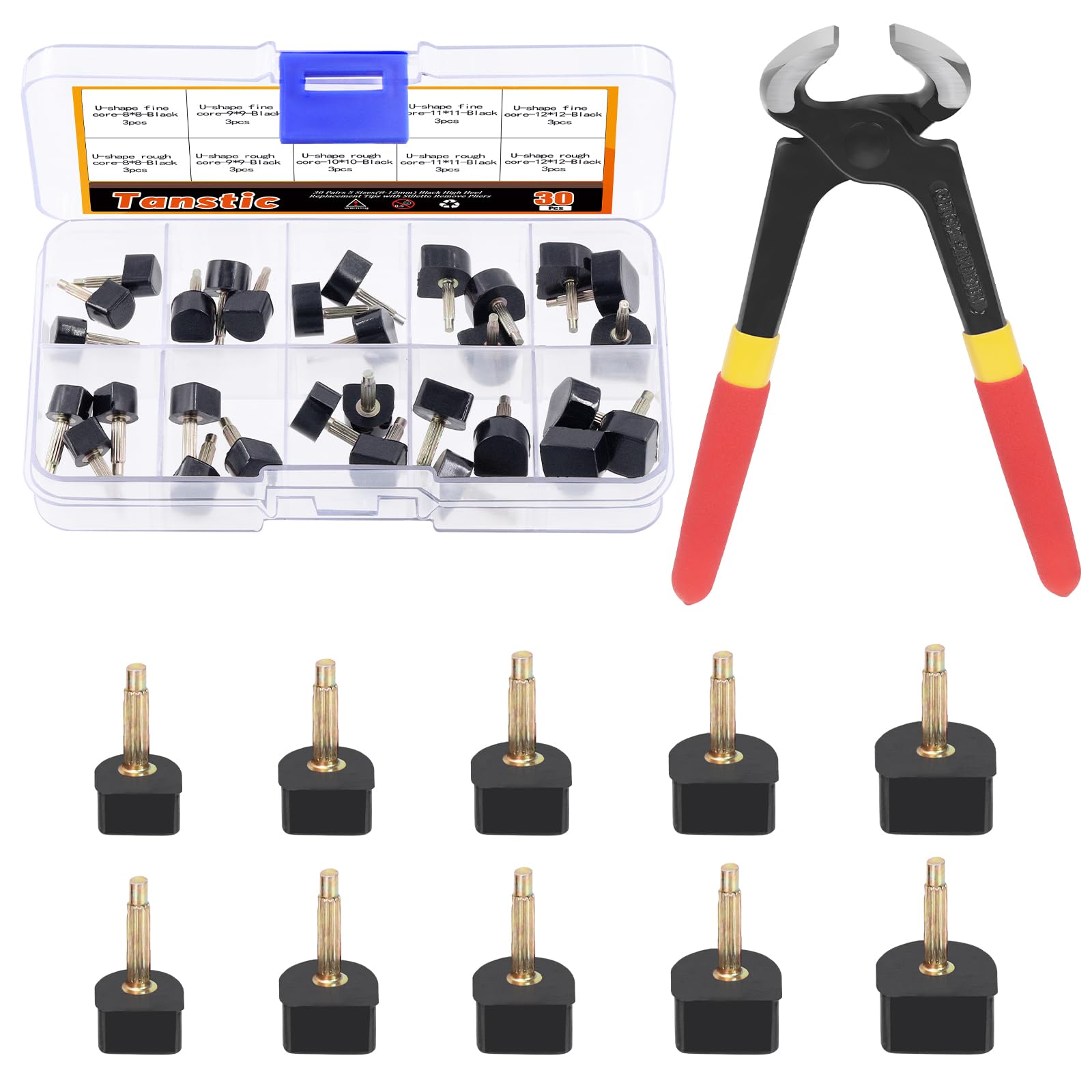 Tanstic30 Pairs Women's High Heel Shoes Replacement Tips Pin with 6" Heel Pliers Kit, 8mm 9mm 10mm 11mm 12mm High Heel Shoe Tips - 2 Different Pins Diameter 2.4mm 3mm