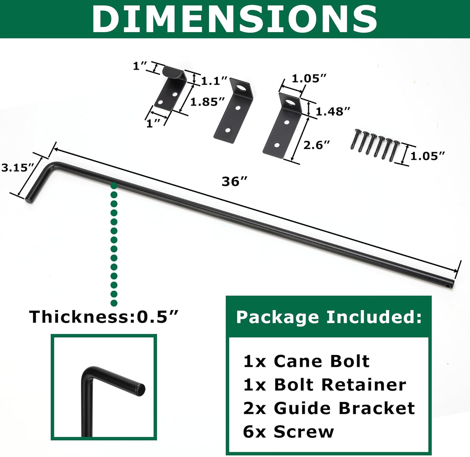 36" Heavy Duty Cane Bolt Gate Drop Rod with Upgraded Design, Square Gate Drop Rod for Wood PVC Vinyl Metal Yard Gate Latch-1 Pack