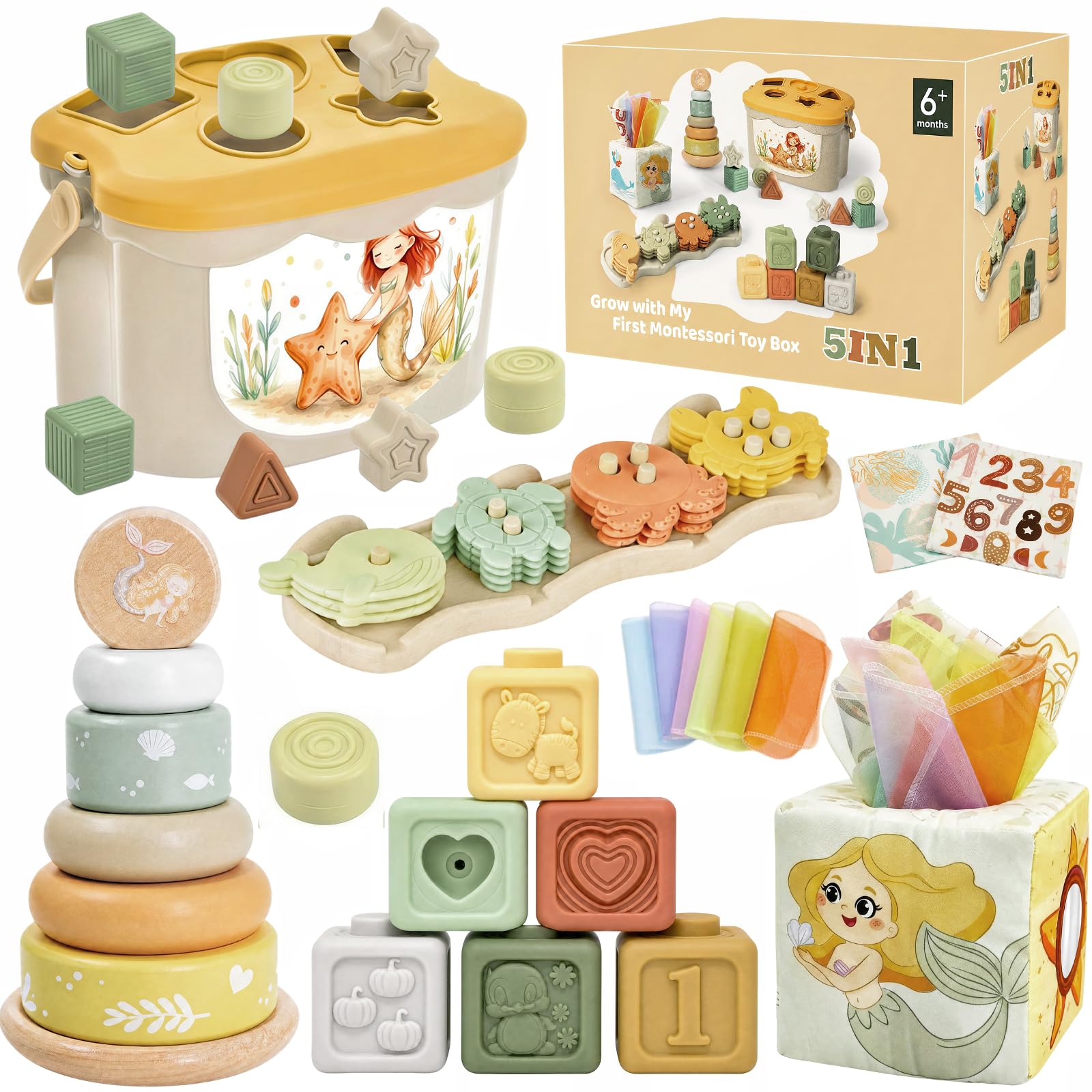 Anook Giochi Montessori 6 Mesi, 5 in 1 Giochi 6 8 10 Mesi Include Giochi Bambini Formine, Costruzioni Bambini 6 Mesi, Scatola di Fazzoletti, Giochi Sensoriali Neonato per Regalo Bimba Bimbo 6-24 Mesi