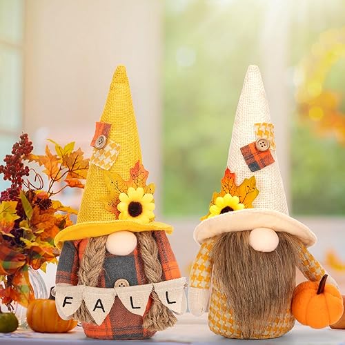 Gnomos de otoño, decoraciones de Acción de Gracias, elfo de peluche hecho a mano, paquete de 2 para decoración de mesa de Acción de Gracias,