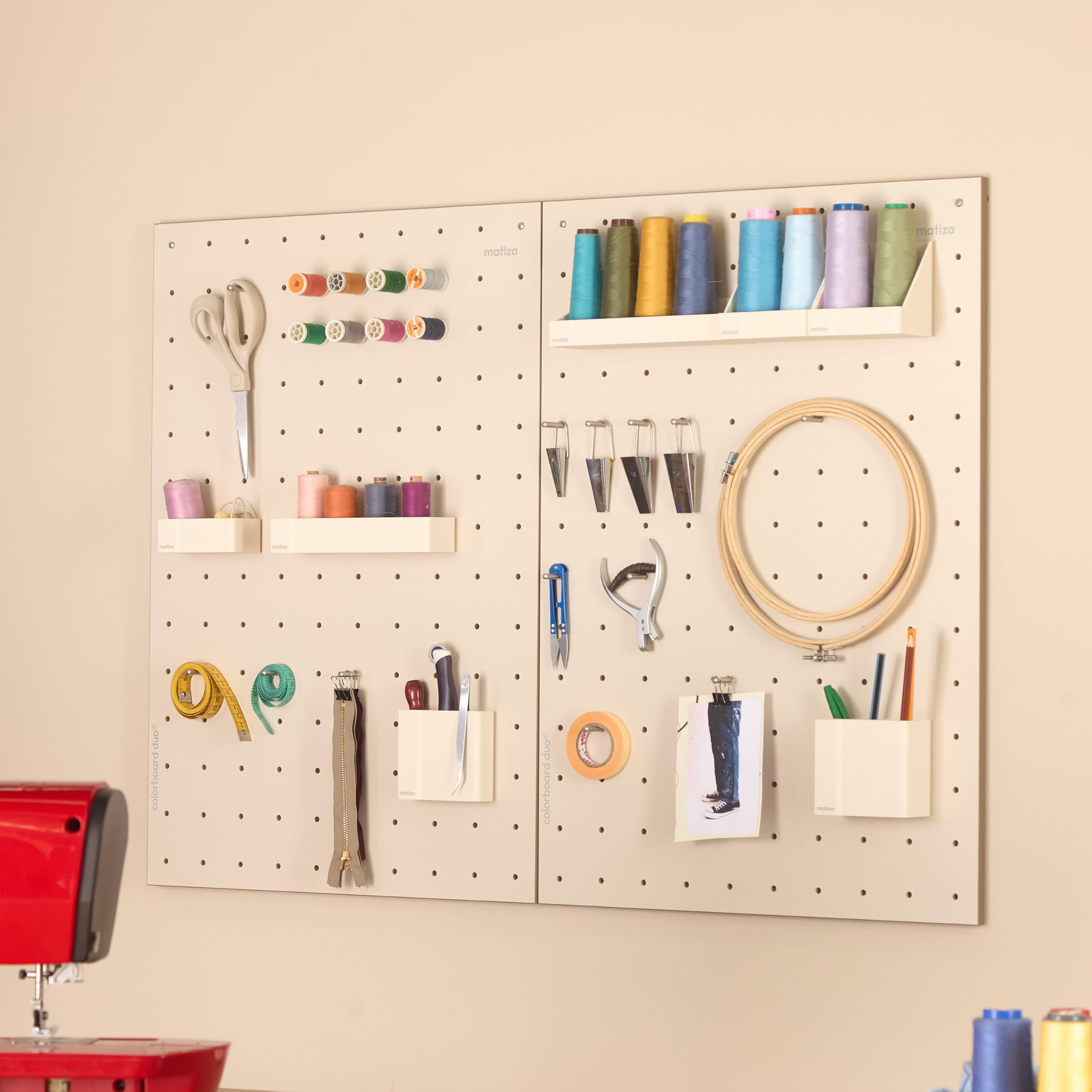 Perforated Wall Board, pegboard, Desk Organizer, Tool Panel, Perforated Panel, Matiza (50 cm x 70 cm, Lavender, Biscuit, Blue, Yellow) - with Boxes Accessories Basic Kit (Yellow)