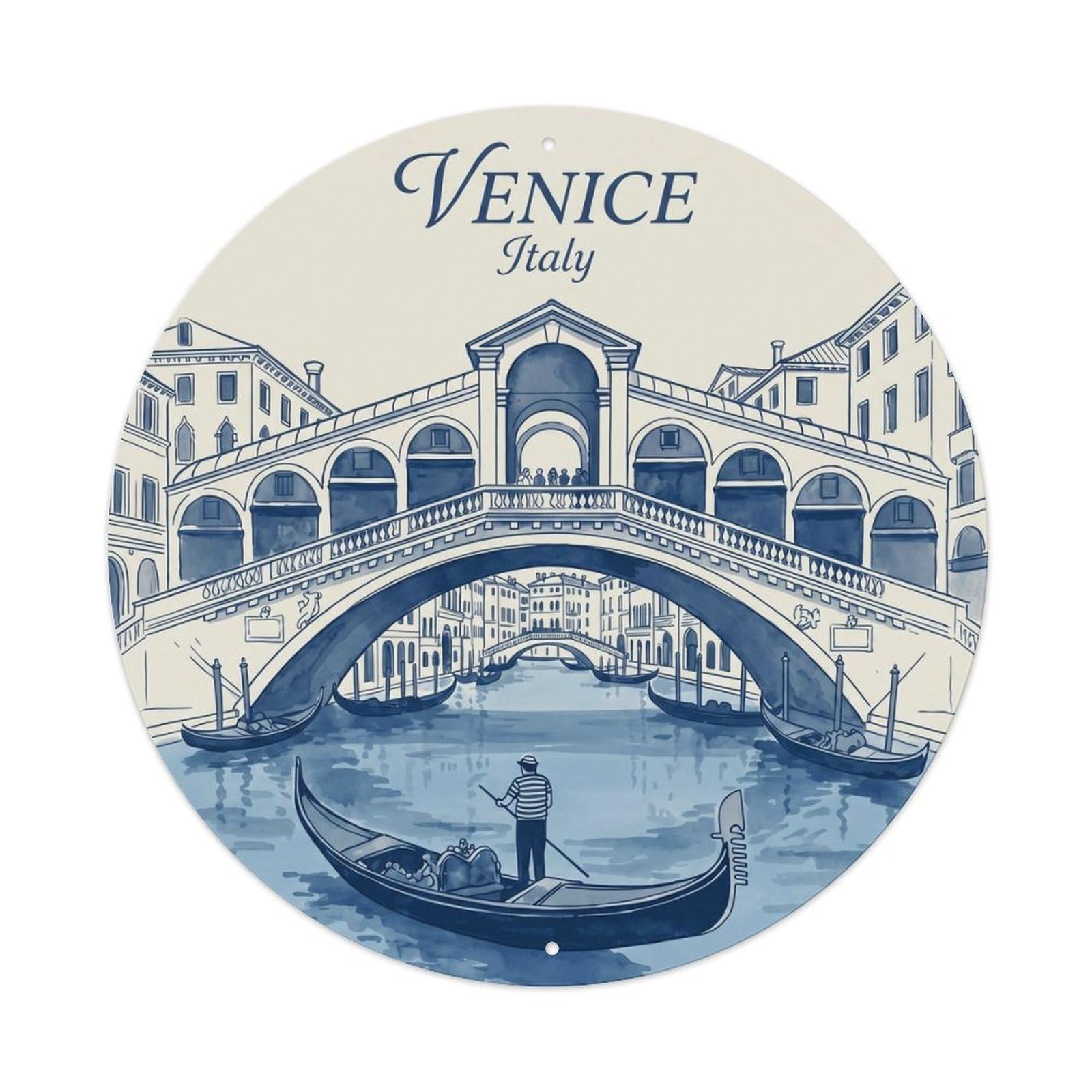 Venice Waterway Bridge Gondola Retro Travel Wanderlust Italy Metal Tin Sign Plaque Wall Decor for Cafe, Man Cave, Club Bar, Office, Home Garden Round Metal Poster 8x8Inch