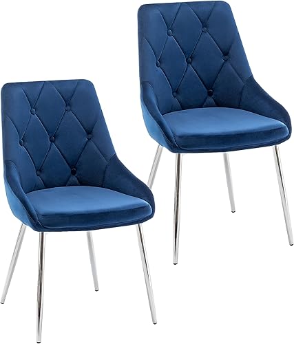 Porthos Home Tam - Juego de 2 sillas de comedor tapizadas en terciopelo suave y mechones clásicos con botones, patas cromadas plateadas resistentes