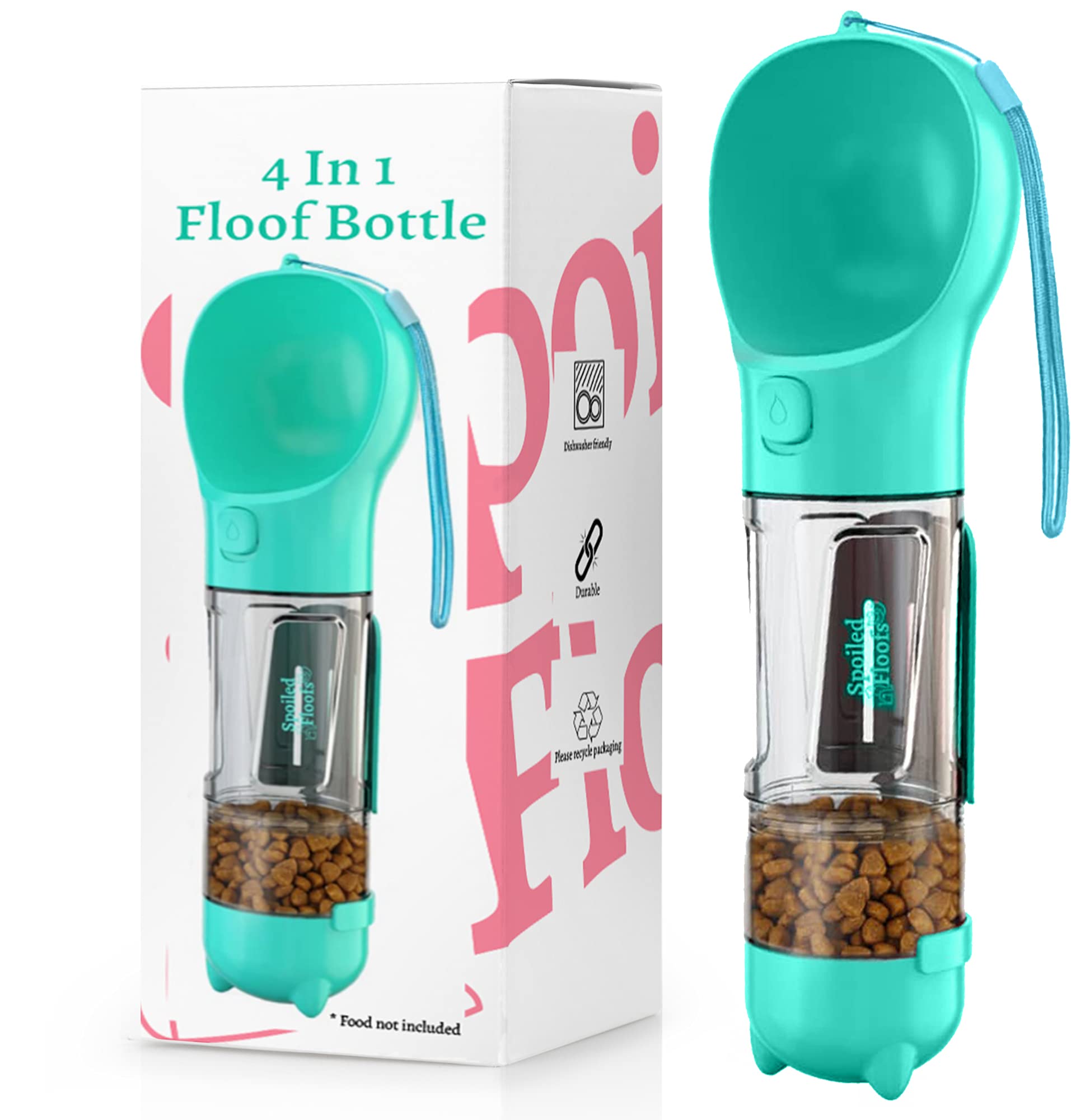 Spoiled Floofs 4-in-1 Floof Bottle (300mls),Dishwasher Safe, Dog/Cat water bottle with bowl, water and food storage, scoop, waste bag dispenser and lanyard. 1x waste bag included. (Turquoise)