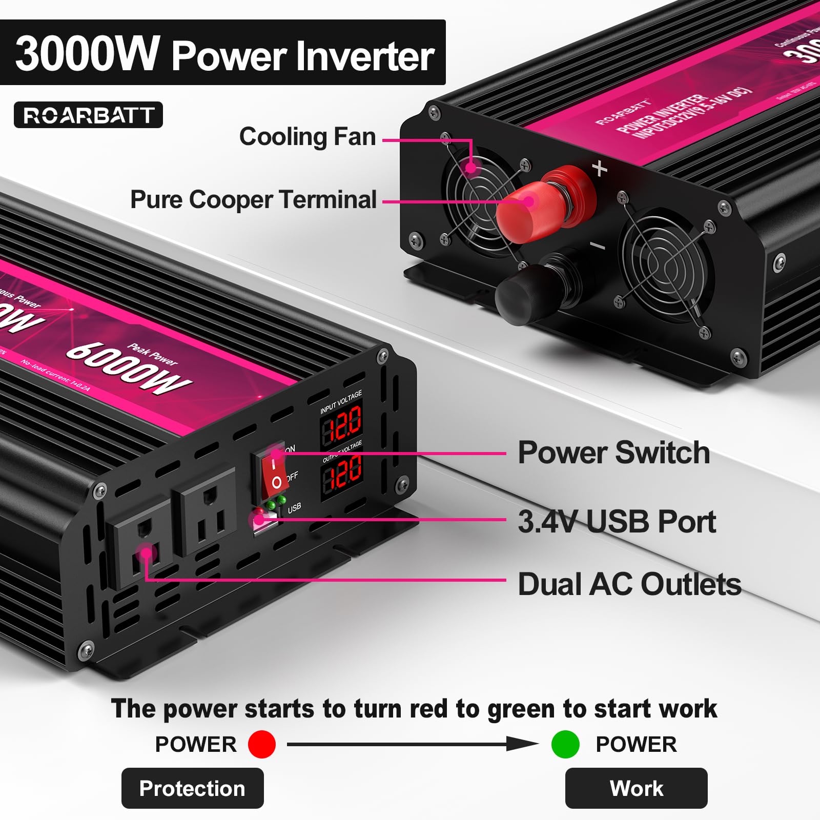 3000 W 12 V DC na AC 110V 120V Maksymalna moc 6000W z wyjściem 2 AC i portem USB 2.4, wyświetlacz LCD z falownikiem samochodowym do konwertera energii do aktywności na