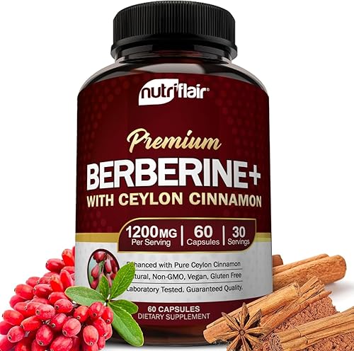 NutriFlair Berberina HCL prémium de 1200 mg, 60 cápsulas  además de canela pura de Ceilán, píldoras de suplementos, apoyo al sistema inmunológico