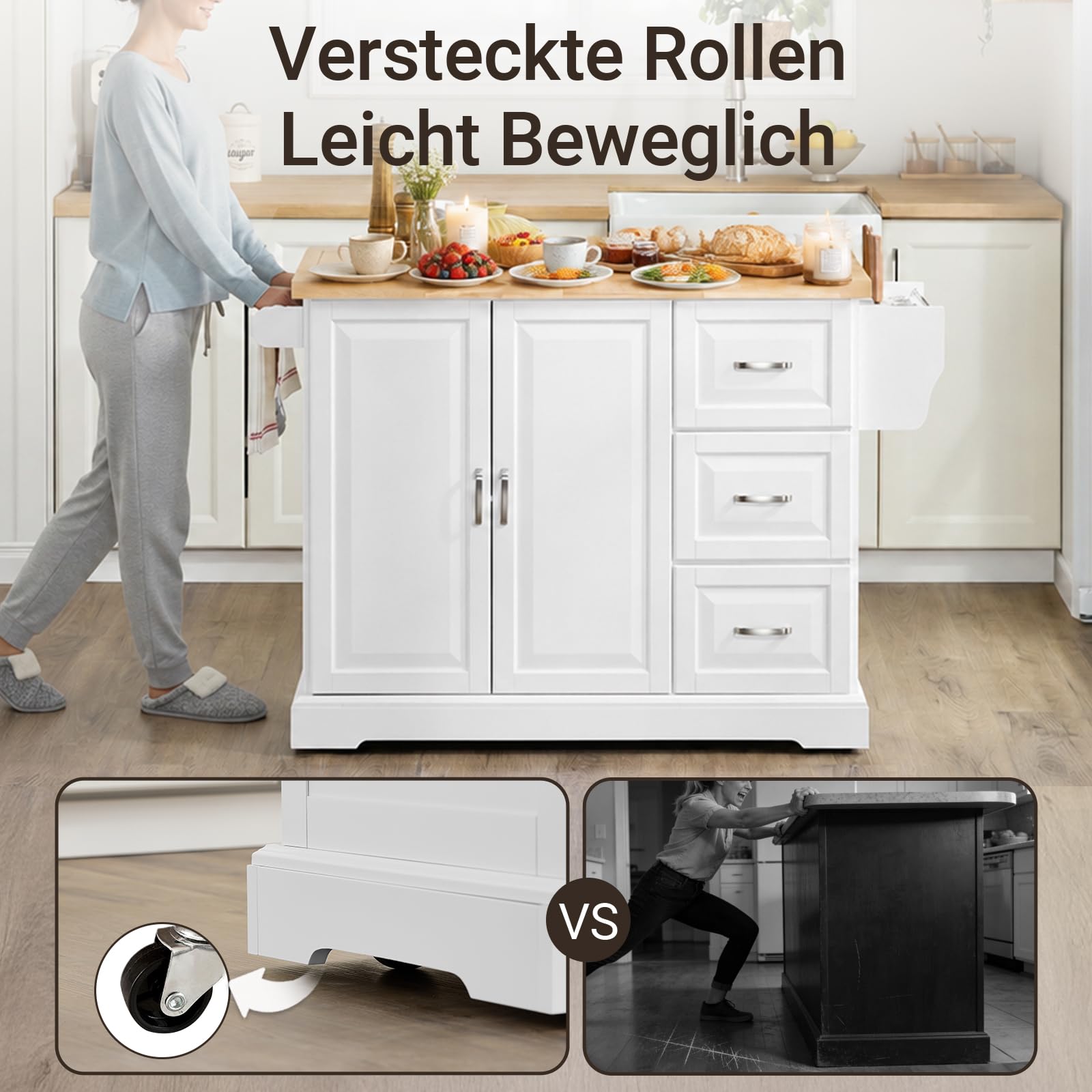SoBuy Kücheninsel mit Rollen, mobiler Küchenwagen mit ausklappbarer Massivholz-Arbeitsplatte und 3 Schubladen, mobiler Küchenschrank für kleine Küchen und Familien, Weiß, 130x91x(46-71) cm FKW41-II-WN