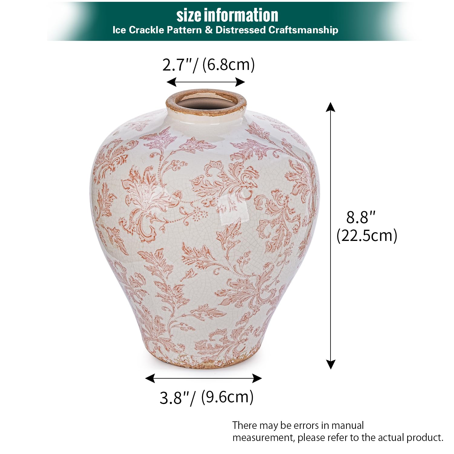 Sungmor Vaso da fiori vintage in ceramica, 24 cm, rosa