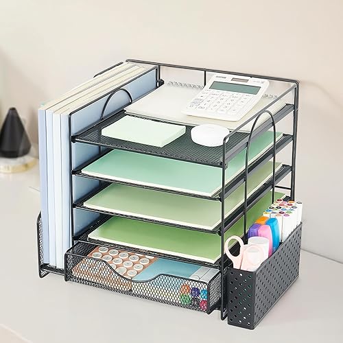 Vista 4 de Organizador de escritorio con cajón y soporte para bolígrafos, organizador de bandeja de papel de 5 niveles con soporte para archivos, adecuado