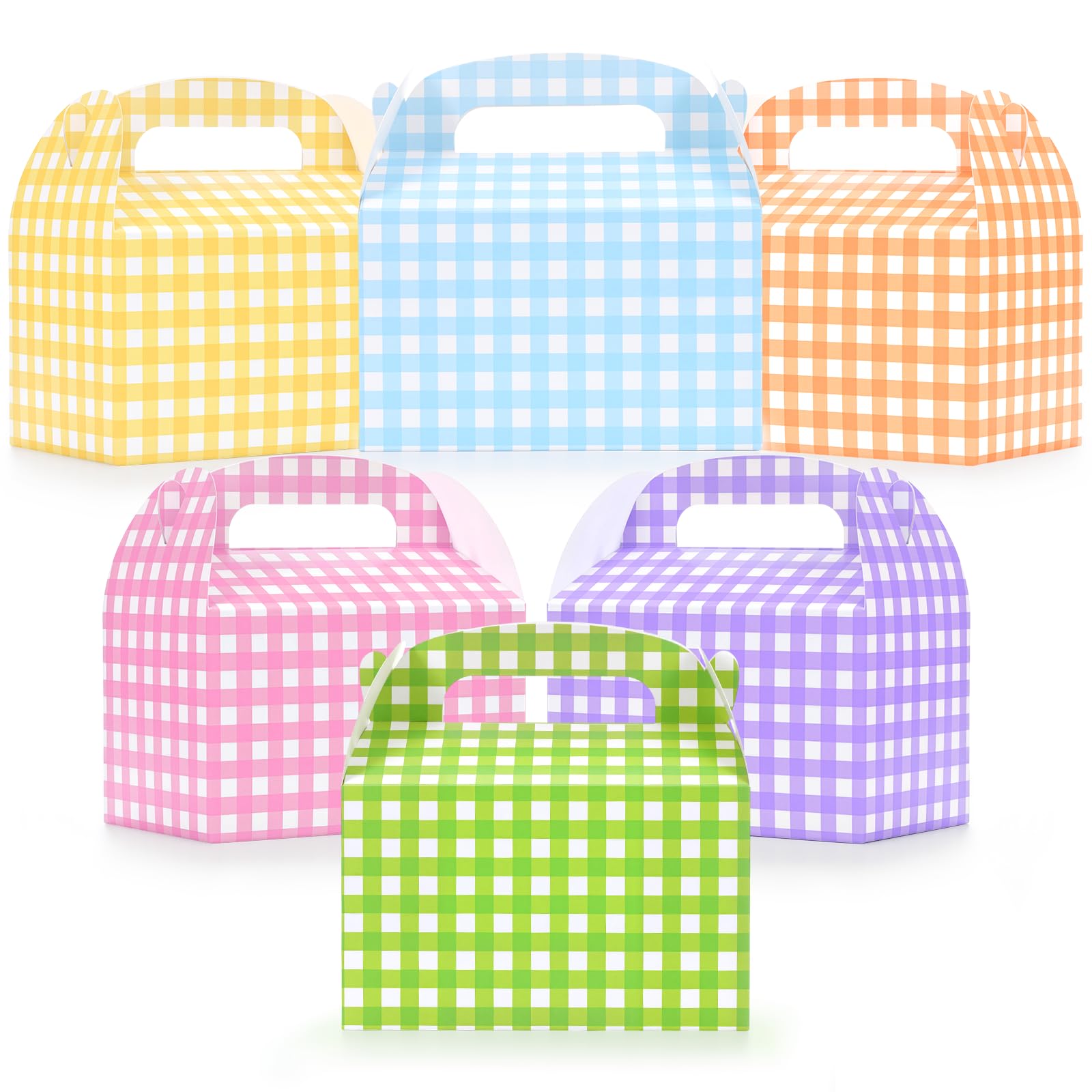 Lerheedi 24 Pcs Gingham Valentine's Day Gift Gable Boxes, Pastel Plaid Party Favor Candy Treat Box, Colorful Goodie Bag for Birthday Back to School Wedding Spring Easter Party, 6 x 3.7 x 3.7 Inch
