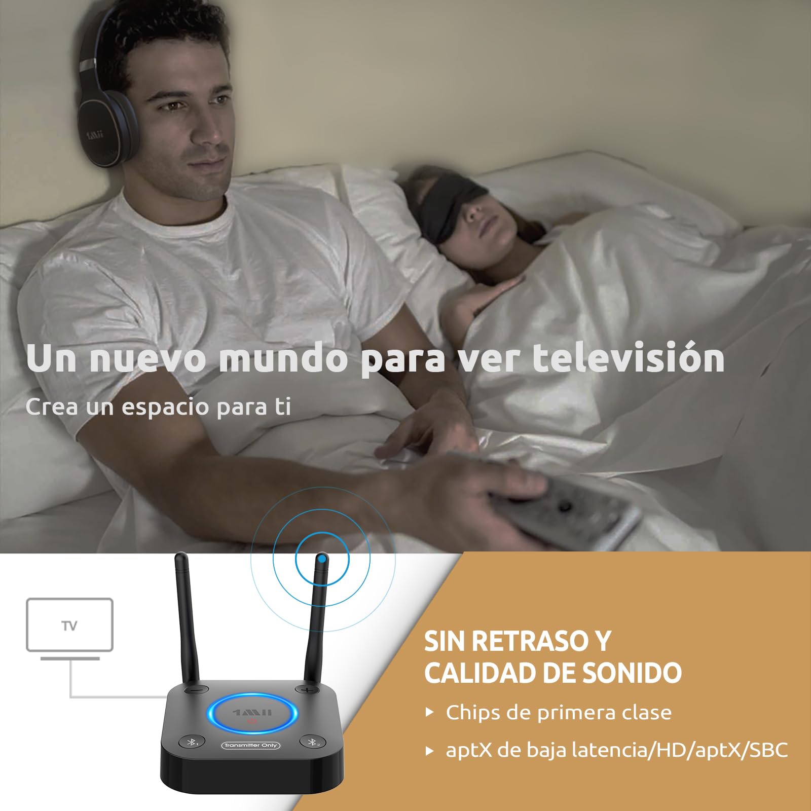 1Mii B06TX Transmisor Bluetooth 5.3 para TV a 2 Auriculares Bluetooth, Adaptador Audio TV con Control de Volumen, Entrada Óptica, Coaxial, AUX/RCA, aptX Baja Latencia/HD, Largo Alcance