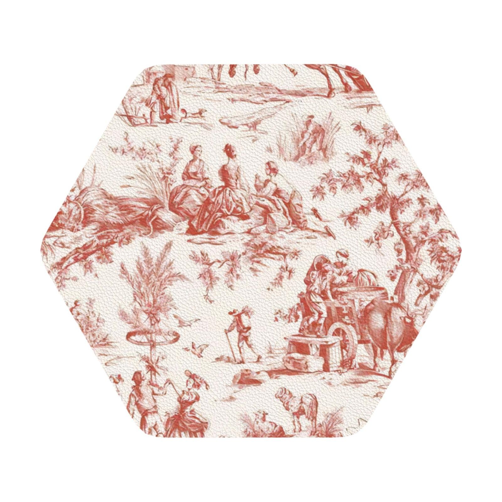 Leather Coasters Set of 6,Red French Country Toile Pattern Coffee Drink Tea Leather Place Mats,for Living Room, Kitchen Hexagon