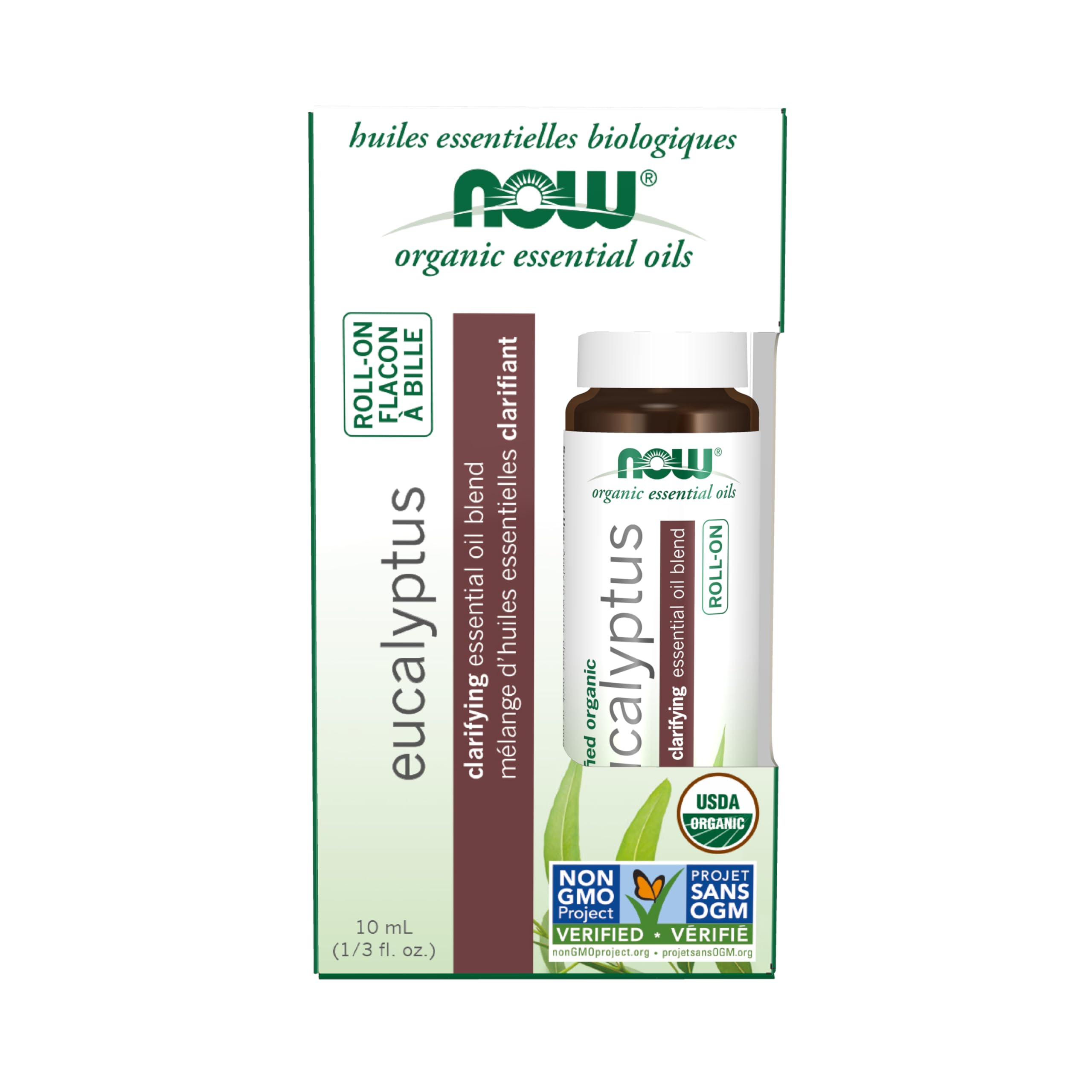 NOWFoods Essential Oils, Eucalyptus Roll-On, Certified Organic, Clarifying Blend, Steam Distilled, Topical Aromatherapy, 10-mL