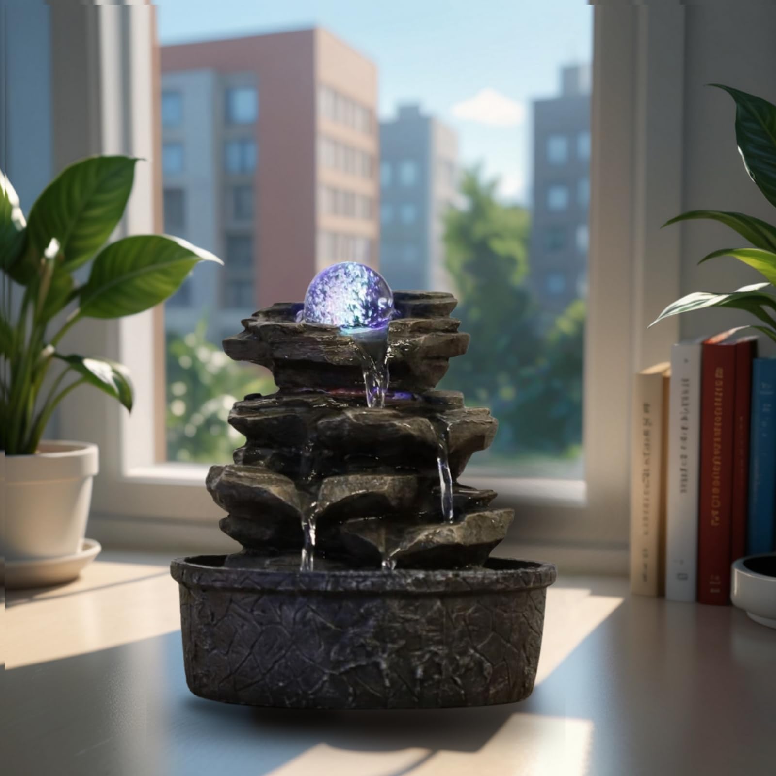 Zen'Light - Zimmerbrunnen Little Rock - Naturwasserfall mit Steineffekt und farbigem LED-Licht - Zen Tischdekoration Ideal für Meditation und Entspannung - Feng-Shui-Objekt Glück - H 23cm