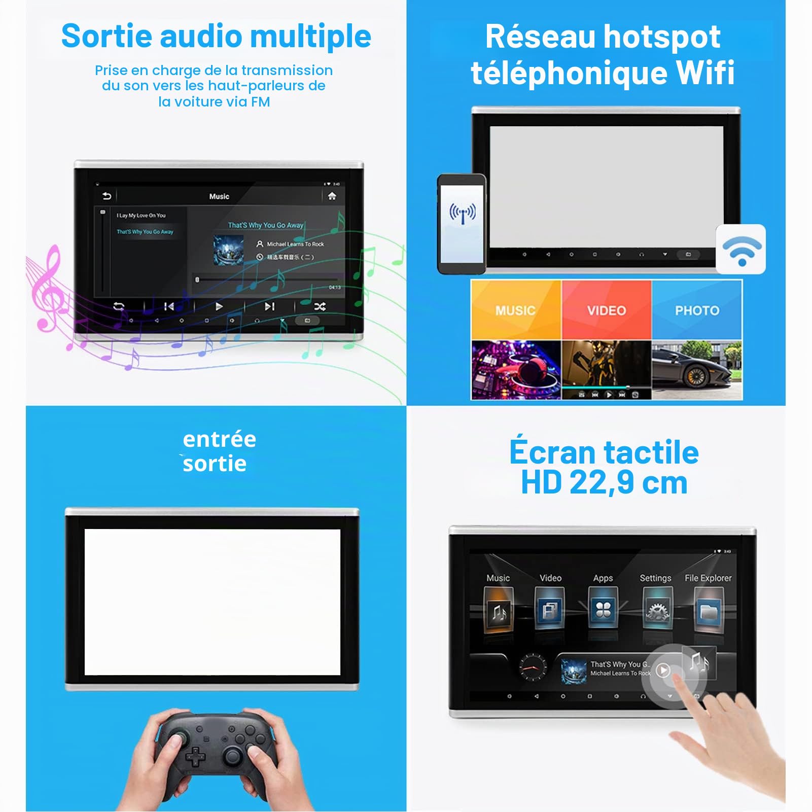 Lecteur Vidéo Moniteur de Voiture 9 Pouces pour Appuie Tete de Voiture HD 1920x1200 Écran Tactile Bluetooth 2
