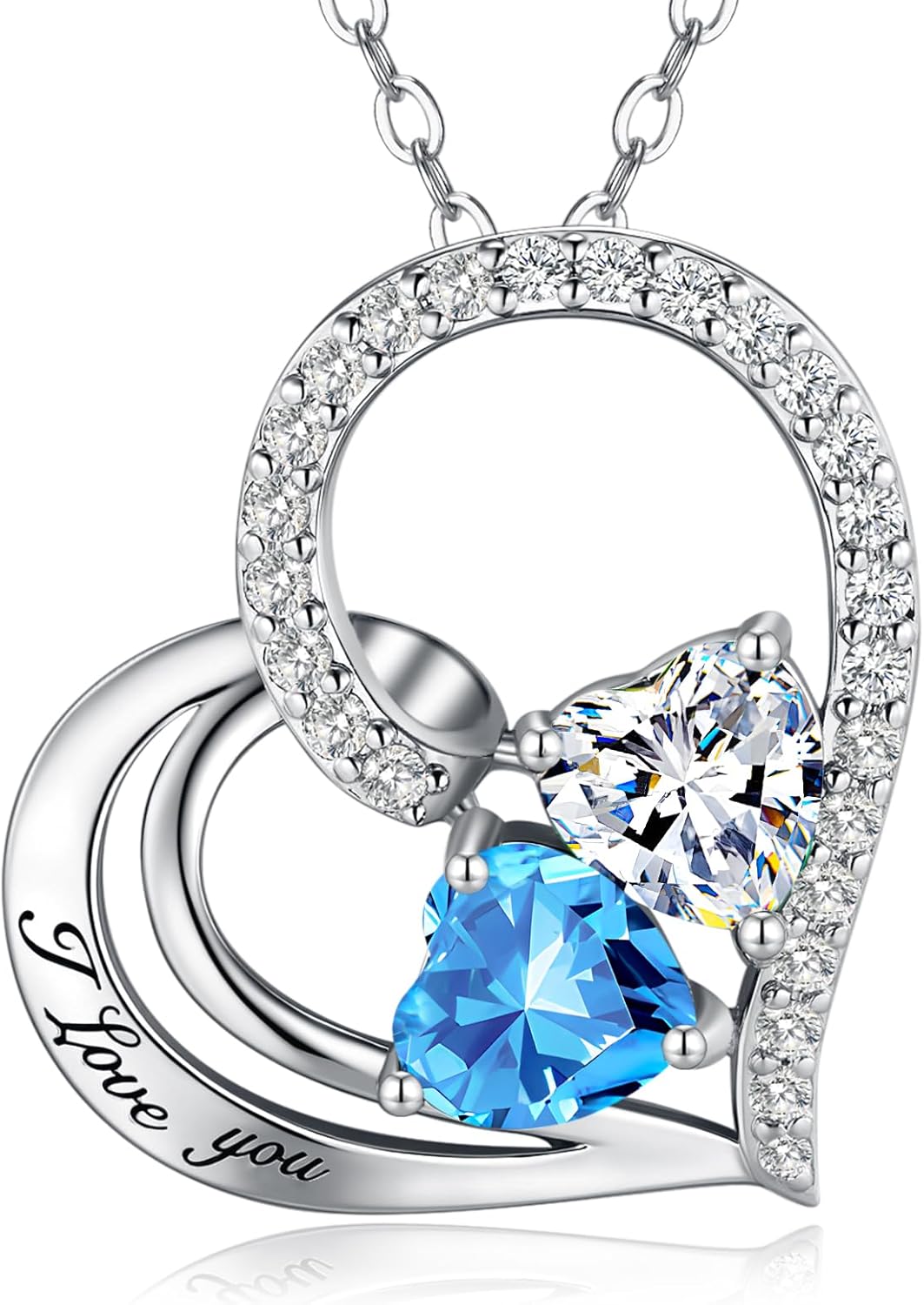 Double Birthstone Heart Necklace 0.8CT Dual-Gemstone S925 Sterling Silver Plated White Gold Engraved I Love You Perfect Anniversary/Valentine's Day Gift for Wife/Girlfriend/Mom/Daughter