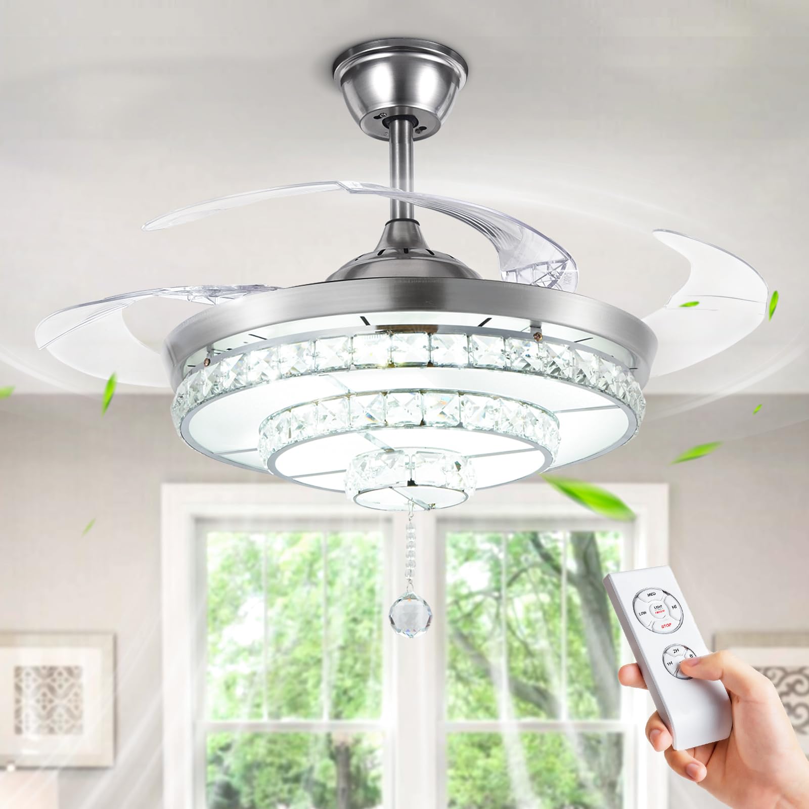 42" Crystal Ceiling Fan with Lights, Retractable Modern Chrome Fandelier, Remote 3 Speeds 3 Color Changes Noise-Free Ceiling Fan for Indoor/Outdoor, Living Room, Patio, Bedroom