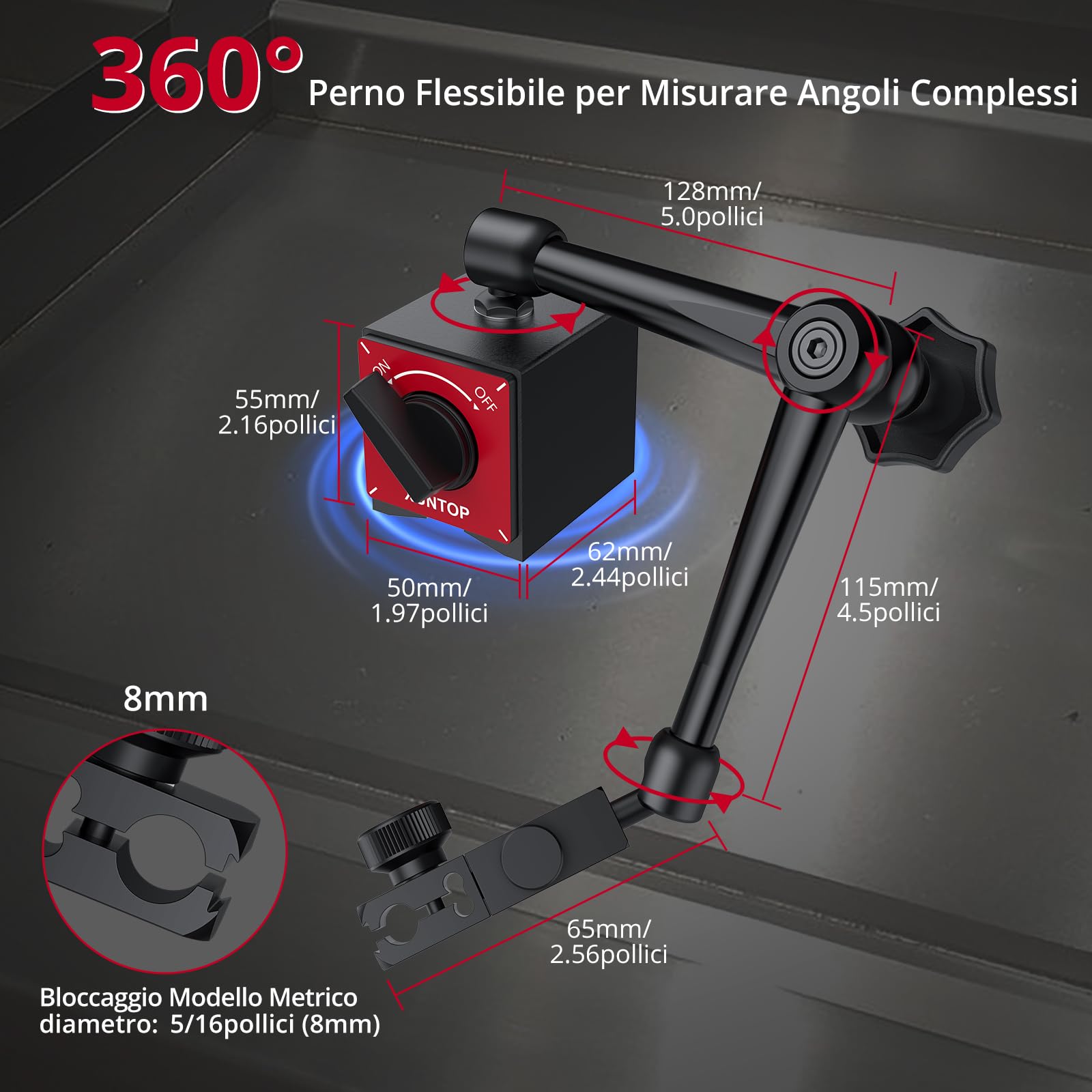 XUNTOP Comparatore digitale Comparatore Digitale Comparatore Quadrante Digital Dial Indicator - Base Magnetica 80KG Supporto Magnetico Braccio Articolato Flessibile Kit Comparatore Precisione 0.01mm