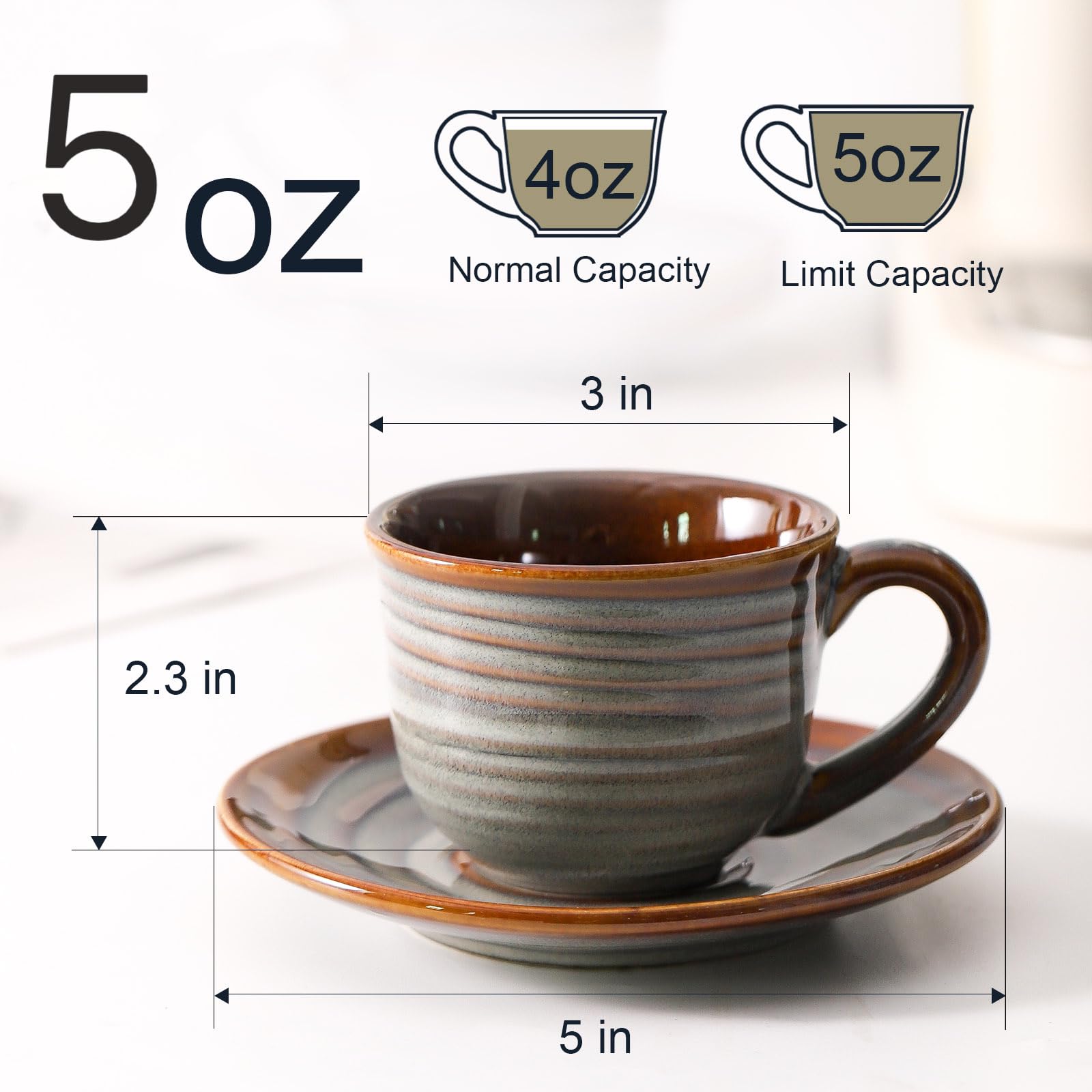 Espressotassen aus Keramik mit Untertassen, 142 ml, Set mit 4 Porzellan-Demitasse-Tassen, kleine Kaffeetassen mit Griff für Kaffee, Tee, Latte und Macchiato, Cappuccino-Tassen für Küche und