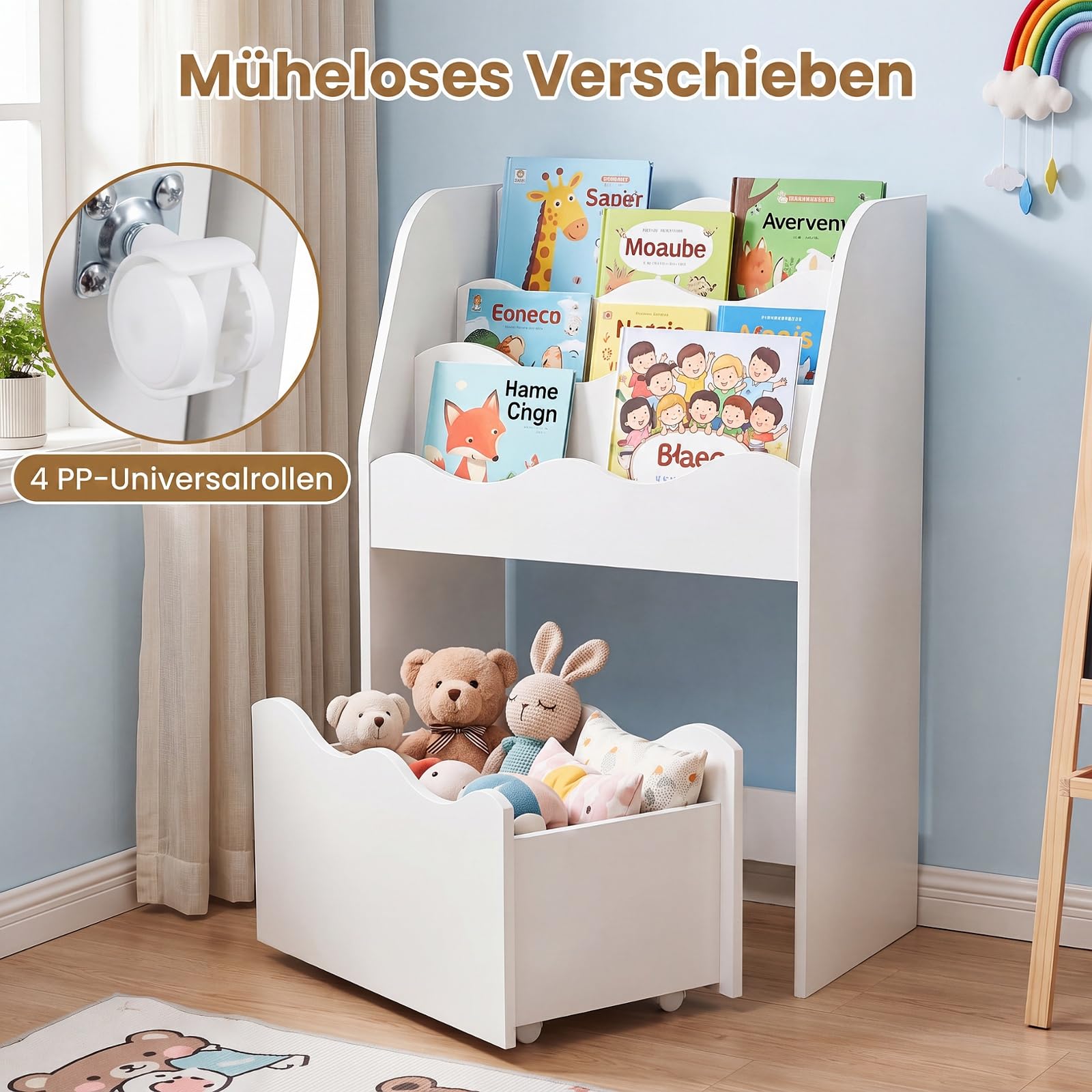 COSTWAY Kinder Bücherregal mit Schublade auf Rollen (Weiß)