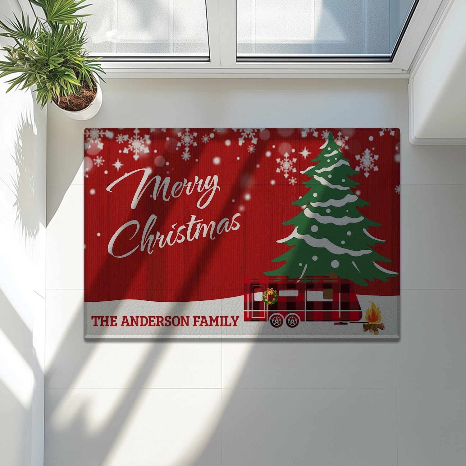 Personalized Camper Christmas Doormat with Family Name – Holiday Welcome Mat for Front Door – Custom Xmas Gift for RV Owners, Cabin Families, Porch Entryway, Housewarming Décor for Winter Season
