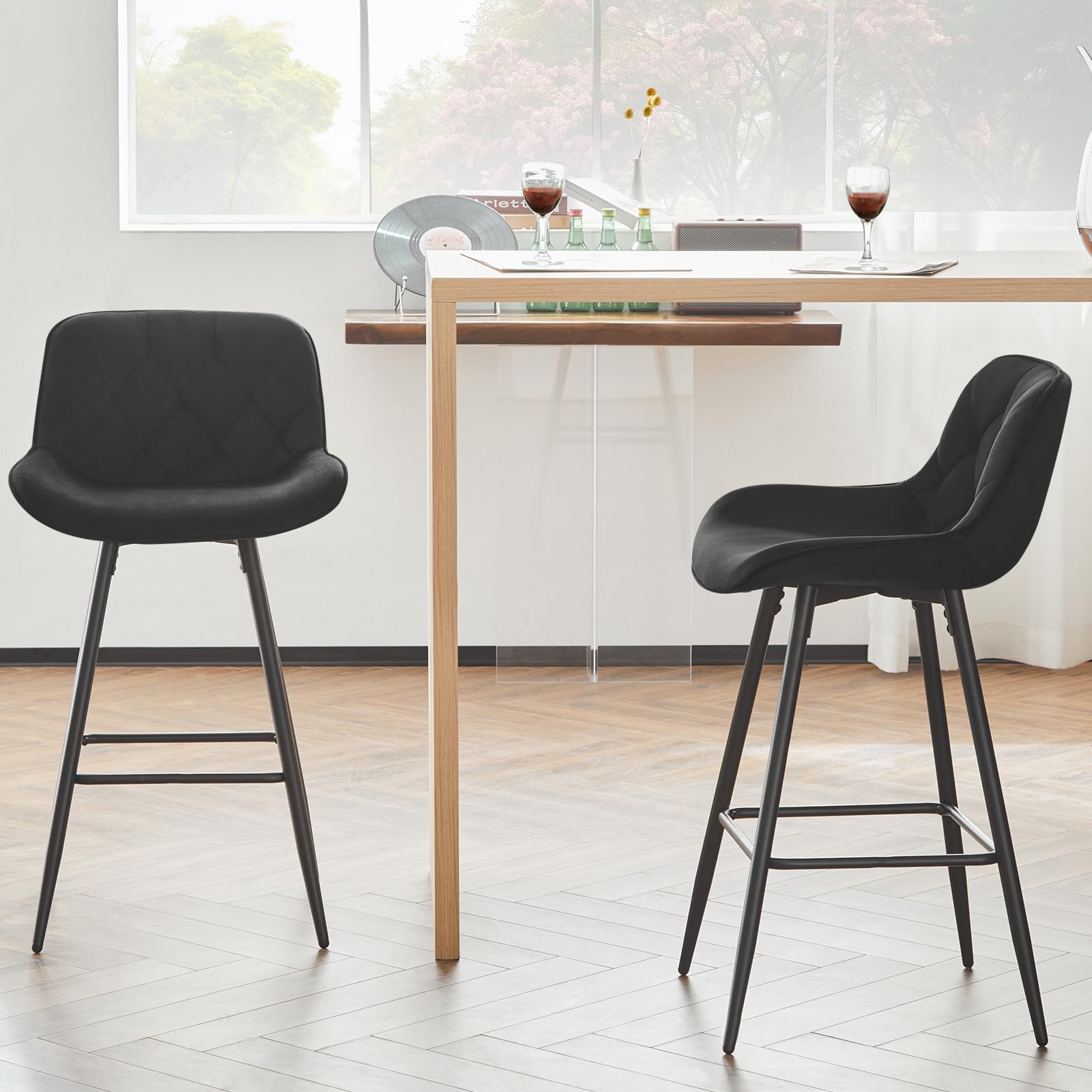 EUGAD Taburetes Altos de Cocina con Respaldo, Negro | Set de 2, para Bar y Cafetería, Terciopelo