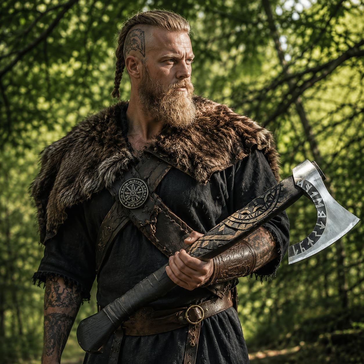 Viking Beard Axe with Handmade ash Wood Handle and Camoing Axe with Runes Engraved