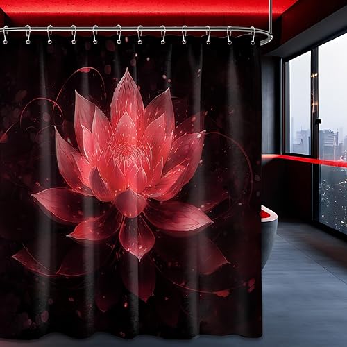 Miniatura 51 de Cortina de ducha negra y dorada con flores de loto amarillo dorado para juegos de decoración de baño, tela impermeable con ganchos, 70 x 72 pulgadas