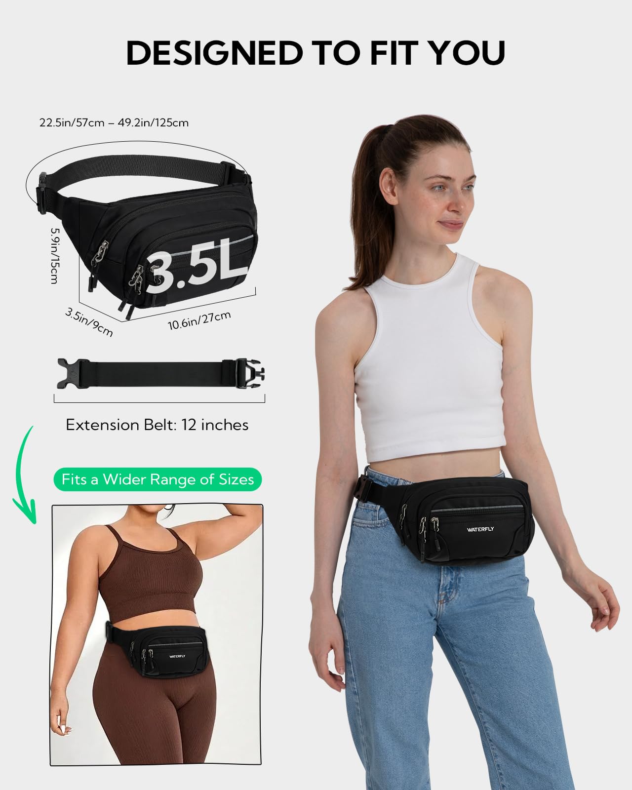 WATERFLY Bauchtasche Gürteltasche Herren Damen: Große Hüfttasche mit RFID Schutz Waist Fanny Pack mit Verlängerungsgurt Stylische Sport Bum Hip Bag für Reise Wandern Outdoor Schwarz