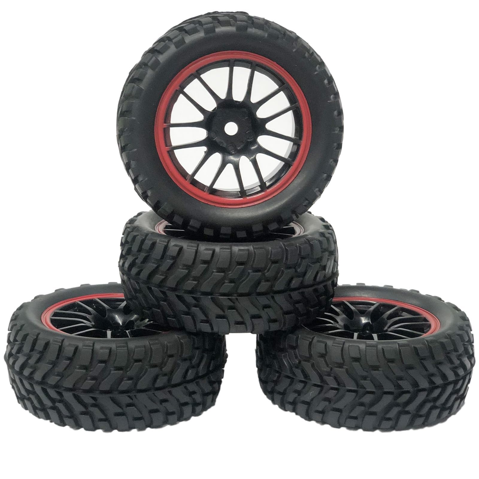 KINGCOO 4PCS 75mm Rubber Tyres Tires with Foam Inserts and Plastic Wheel Rims 12mm Hex for 1/10 On-Road RC Drift Touring Car 1/14 1/16 1/18 Rally Car Replacement Parts (Black Red)