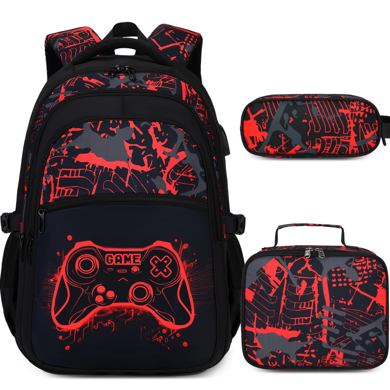 DIGOBAY Boys Backpack for School, 3PCS Cool Luminous Gamer Backpack for Boys with Lunch Box Pencil Case, Kids Backpacks Bookbag for Teen Boy