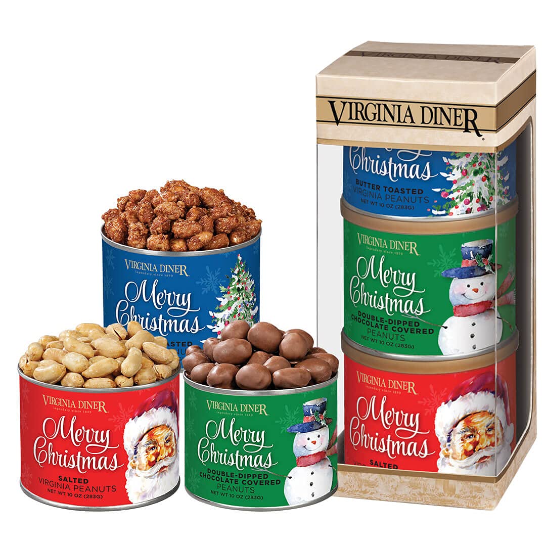 Virgina Diner Merry Christmas Triplet Gift Set (Peanuts: Butter Toasted, Double Dipped Milk Chocolatey, Salted Virginia), 3 total 10 ounce cans