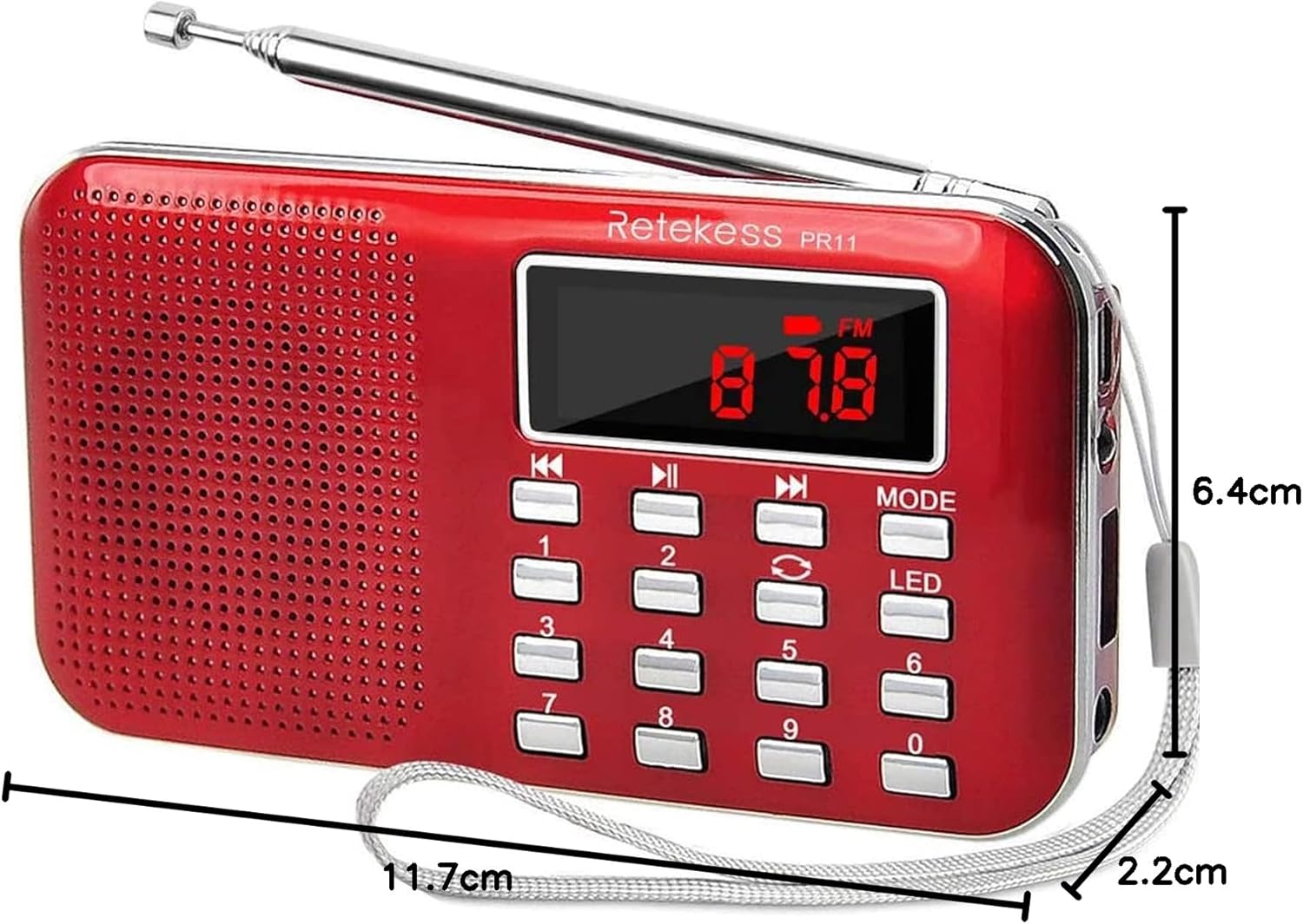 Retekess PR11 radio with measurements indicating its compact size (11.7cm x 6.4cm x 2.2cm)