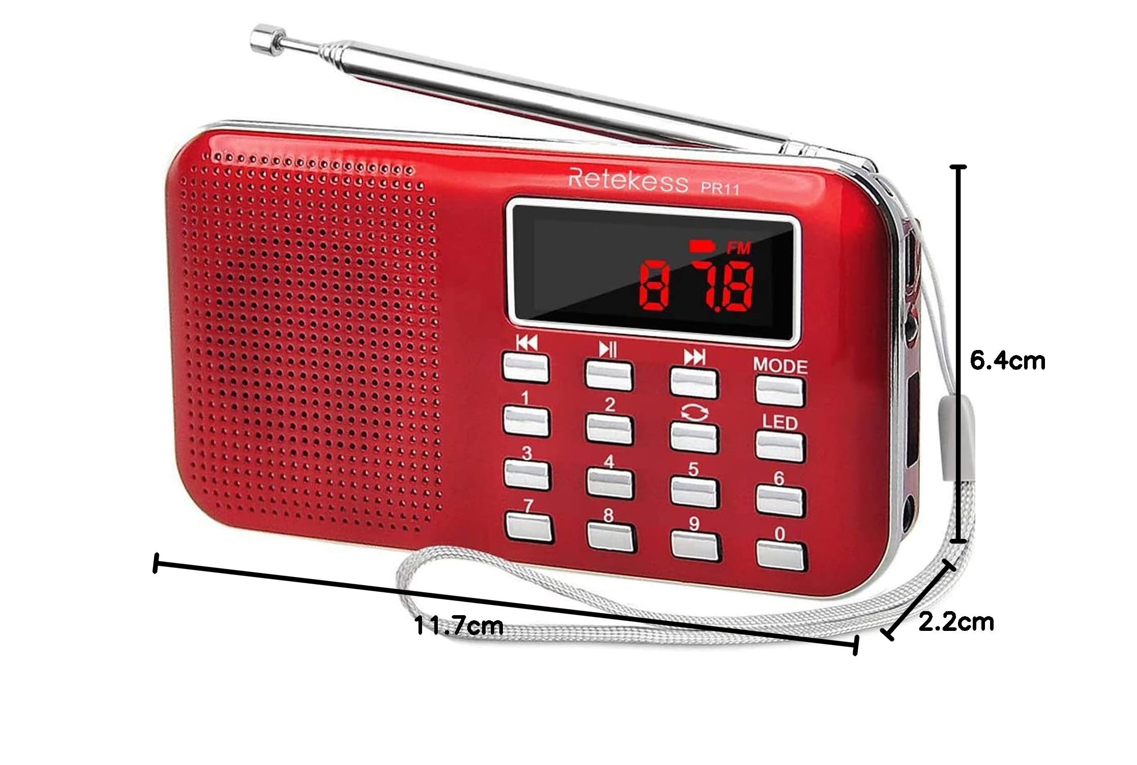 Retekess PR11 Mini Radio Portatile, Radio FM AM, con Altoparlanti, Display LCD, Batteria Ricaricabile, Radiolina Tascabile Supporta unità USB, Scheda TF, AUX (Rosso)