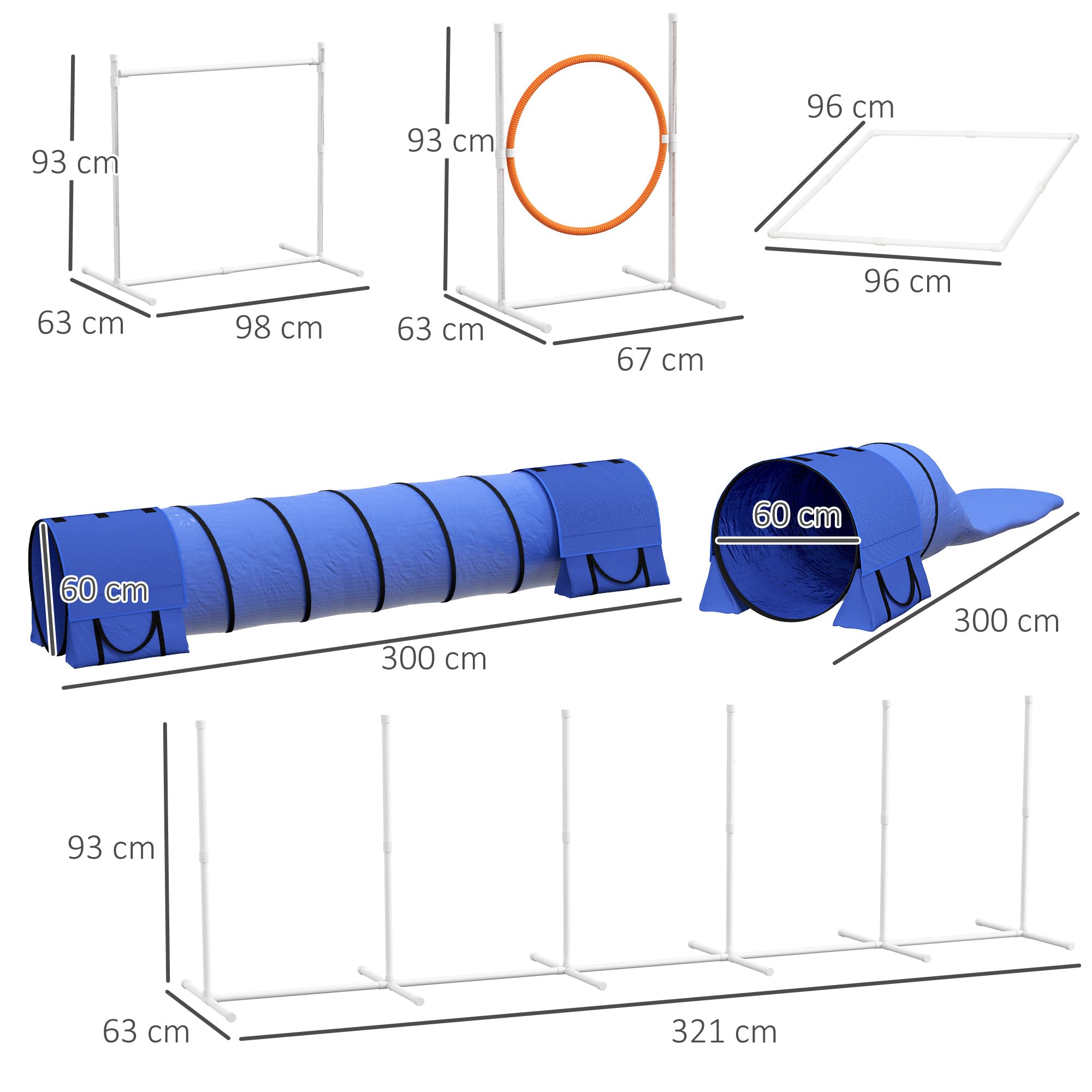 PawHut Set Agilty Dog 7 Pezzi con Fischietto, 2 Picchetti e 3 Sacchi di Sabbia, Percorso Agility Dog in Plastica e ABS con Borsa da Trasporto, 67x63x93 cm, Bianco Arancione Blu
