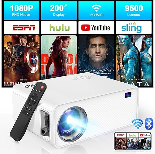 Mini proyector con WiFi 5G y Bluetooth 9500 lúmenes, ZDK Native 1080P FHD proyector de película casera de 200 pulgadas, proyector portátil de video