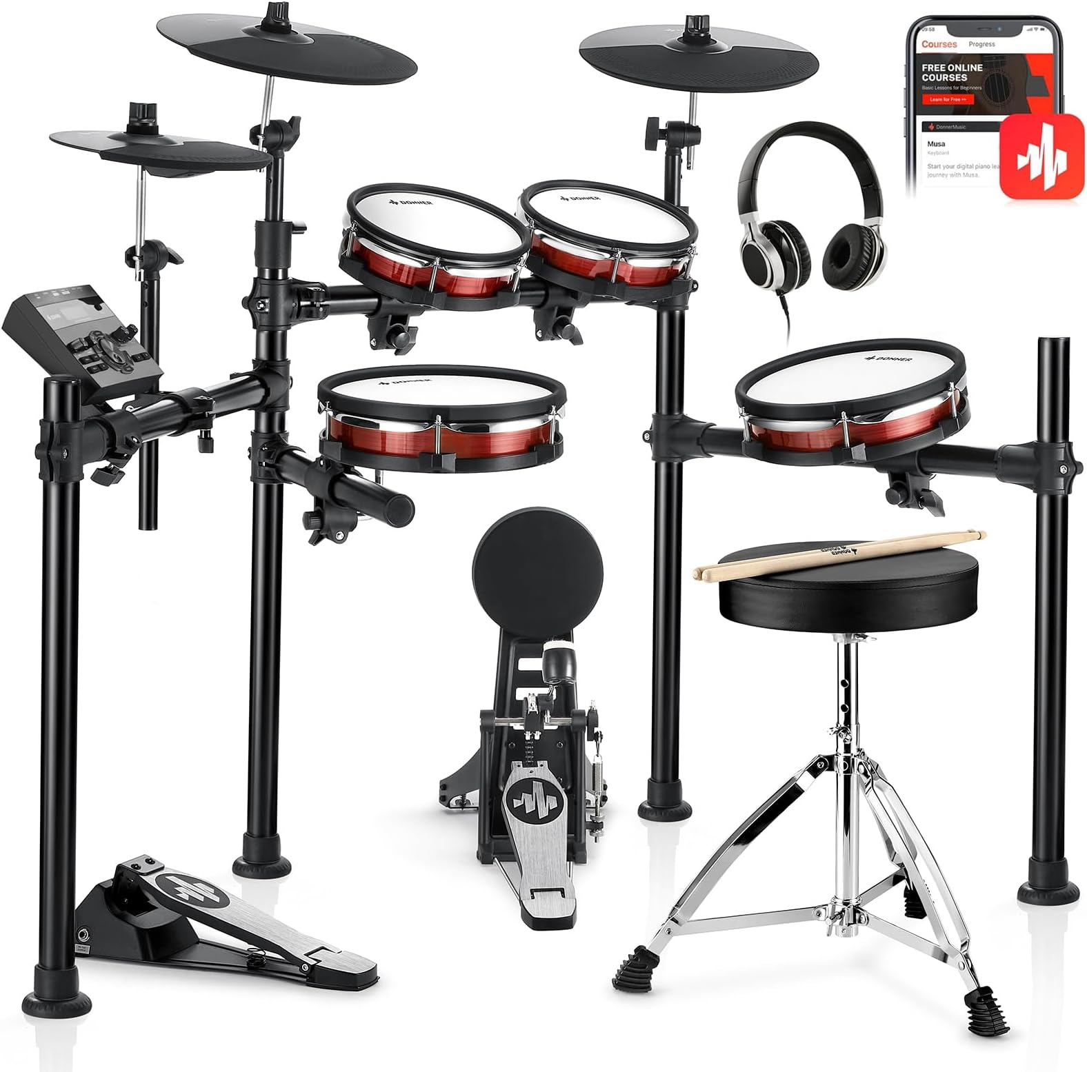 Donner Electronic Drum Set Industry Standard Mesh Head 10" Snare 10" Tom3, 12" Crash, Over 450 Authentic Sound DED-200MAX for Optimum Performance and Feel