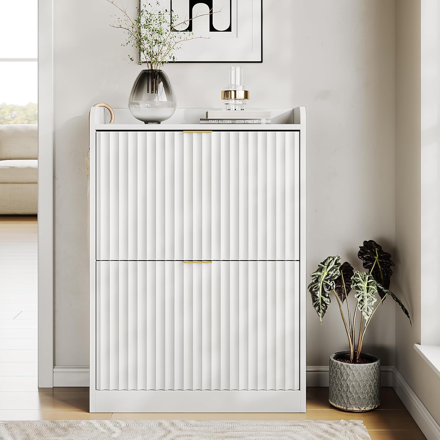 White Fluted Shoe Cabinet with 2 Flip Drawers, Narrow Shoe Storage Cabinet for Entryway, Freestanding Shoes Rack Organizer Cabinets with Adjustable Shelves for Entryway, Hallway
