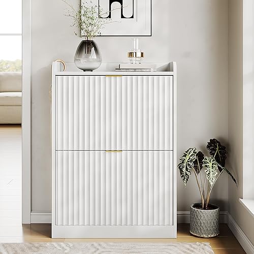Miniatura 8 de Juego de 2 gabinetes de zapatos estriados para entrada, gabinetes de zapatos delgados y estrechos con 2 cajones abatibles y estantes ajustables,