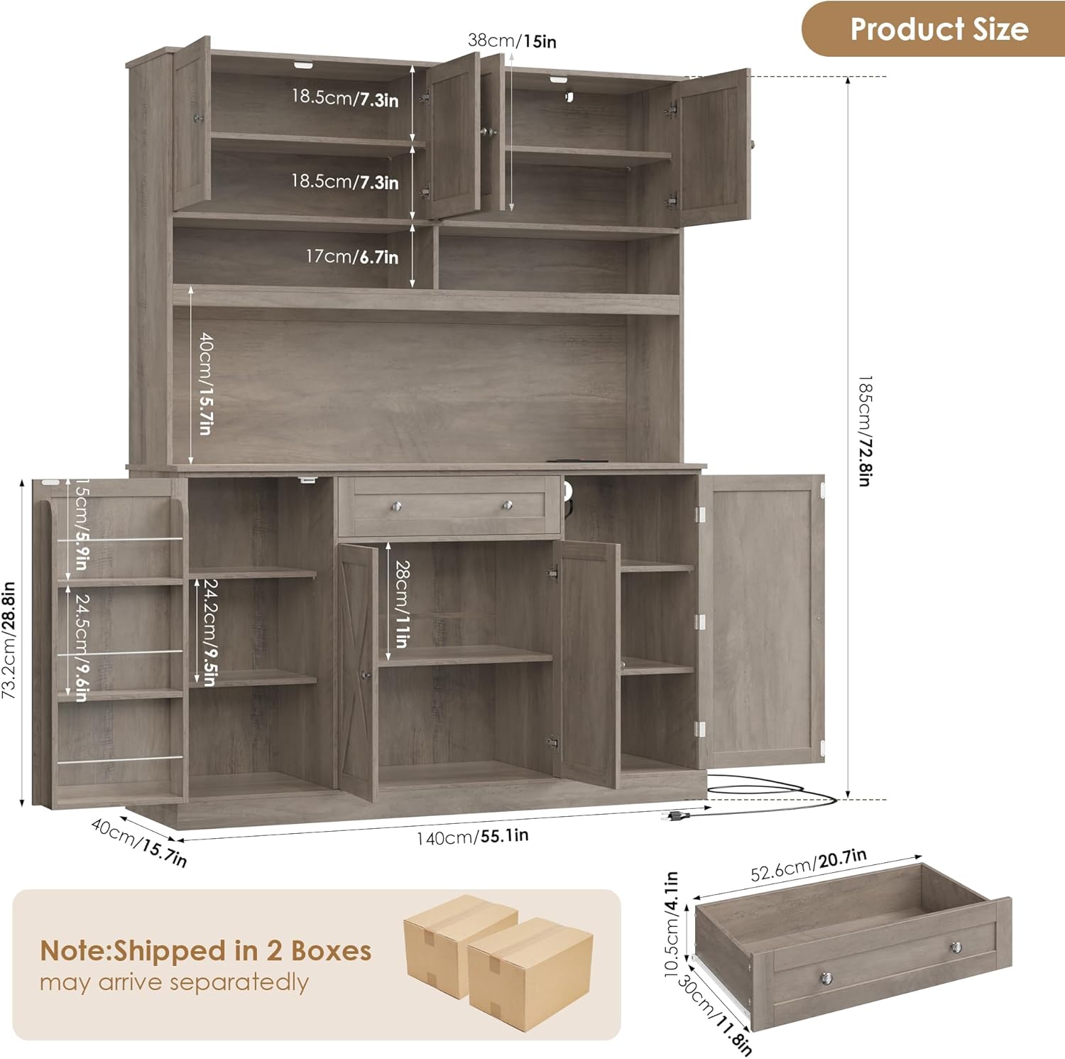 HIFIT 72.8” Tall Kitchen Pantry Cabinet with LED & Charging Station, 55” Wide Farmhouse Pantry Storage Cabinet with Microwave Stand&Shelves&Barn Doors, Kitchen Hutch Coffee Bar for Living Room, Grey