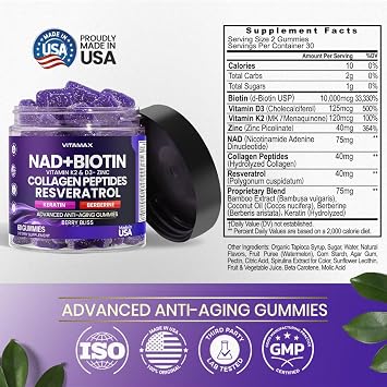 NAD+, Resveratrol, Berberine, Biotin Anti-Aging Gummy - Hair, Skin, Nails & Joint Supplement - Collagen Peptides, Keratin, Zinc, Vitamin K2 & D3 Gummies -Regeneration- Non-GMO - Made in USA 60 Count