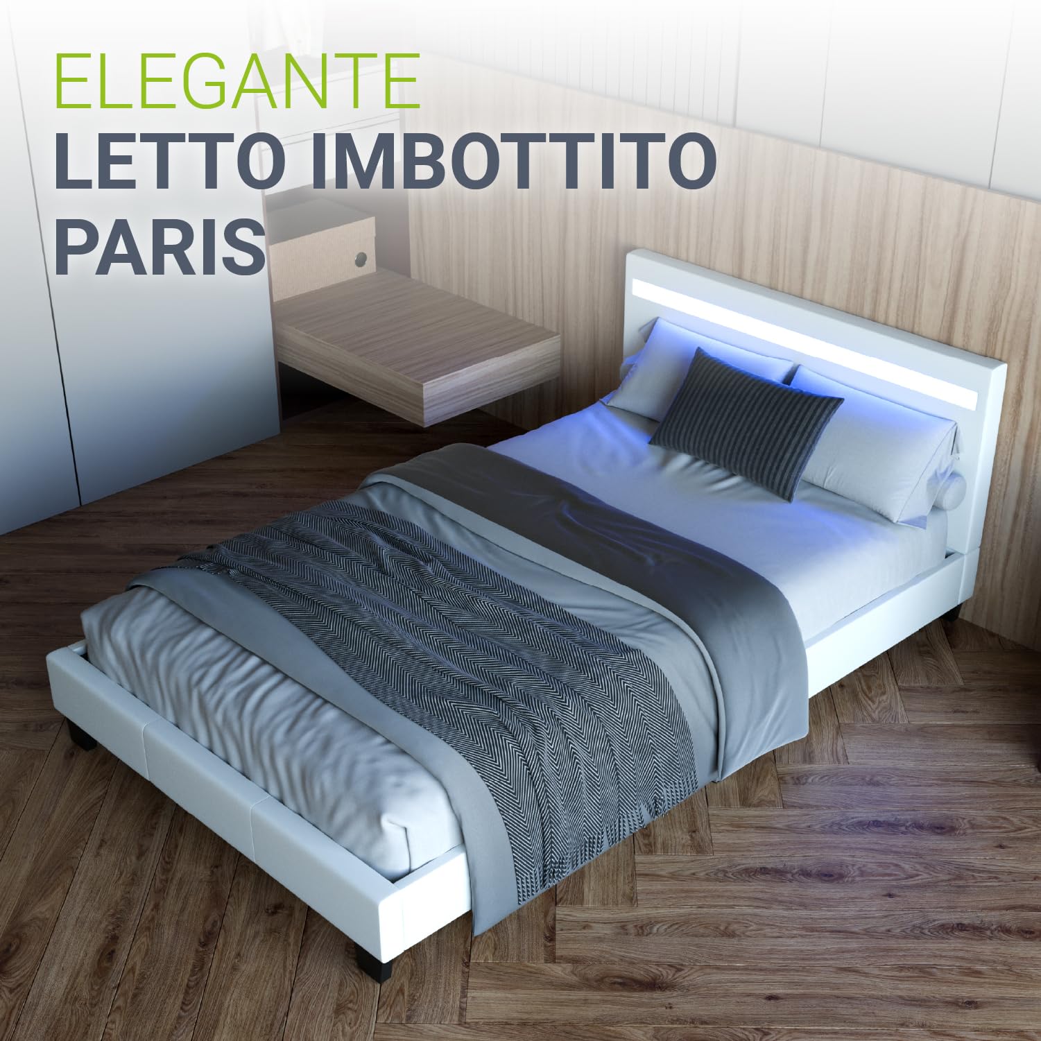 Juskys letto imbottito Paris da 120x200 cm in bianco - Letto con illuminazione LED, rete a doghe e testata - Struttura moderna con rivestimento in similpelle