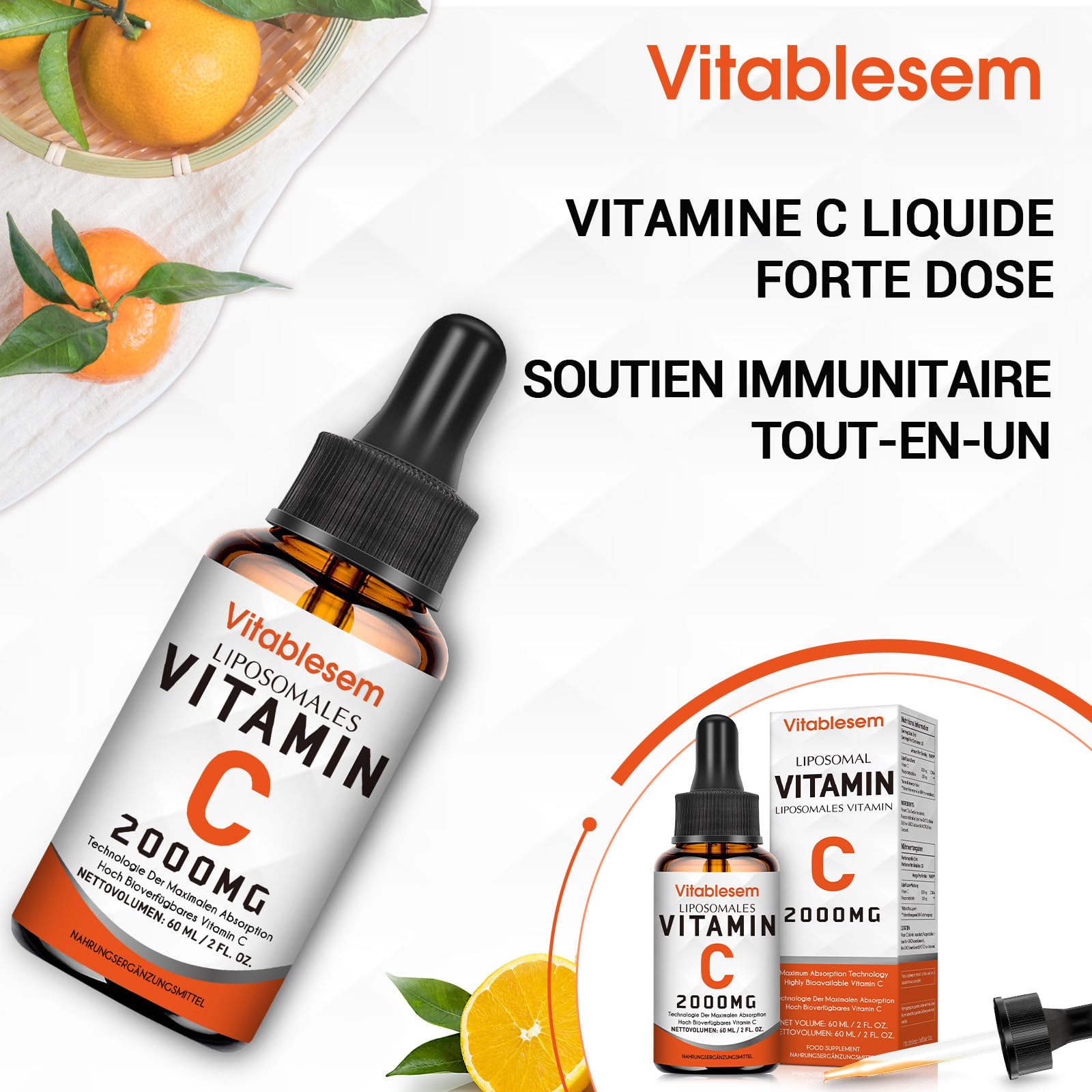 Vitamine C liposomale liquide 2000 mg, gouttes, 2 flacons | Formule végane avec acide ascorbique hautement dosé et absorption maximale pour la routine quotidienne