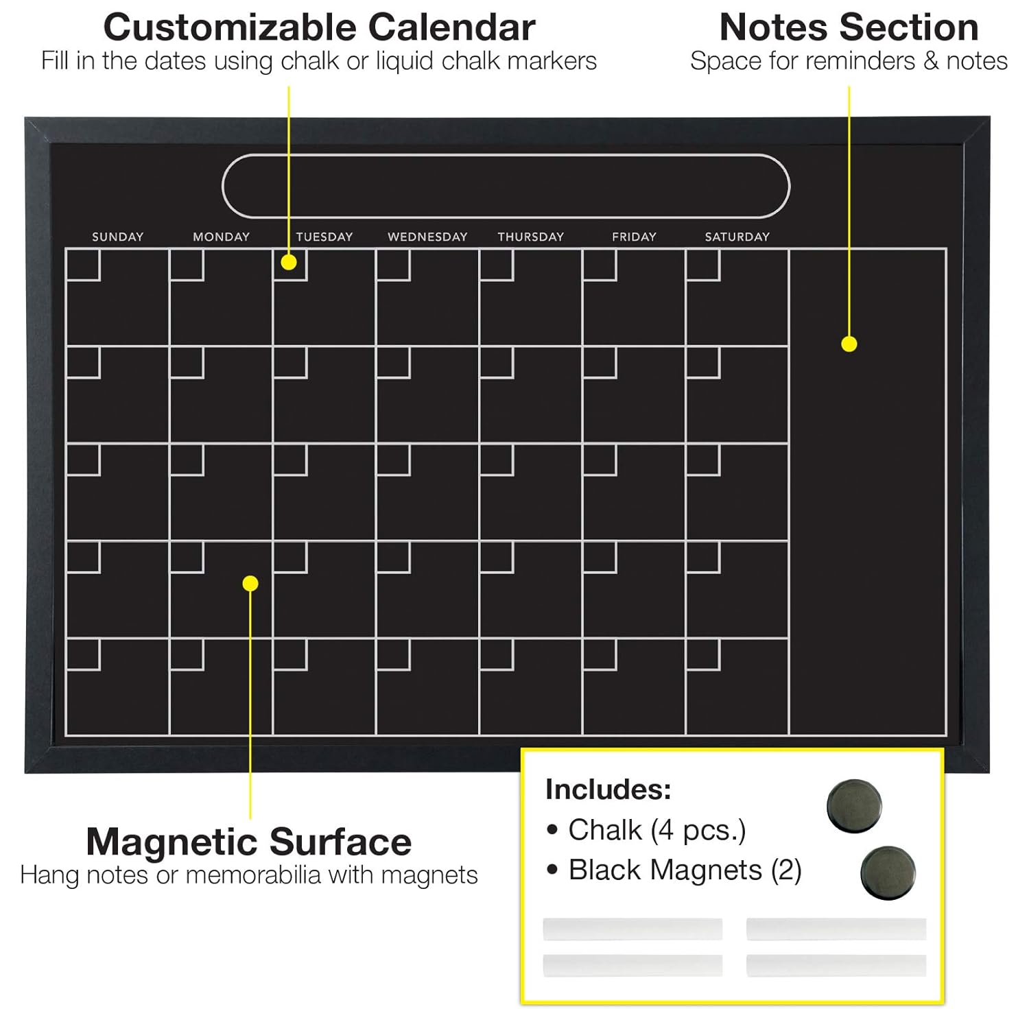Excello Global Products Magnetic Calendar Chalkboard Large 20"x30" Black Board Weekly Monthly Format Reminder Note Section Office School Planner Erasable Wall Mounted