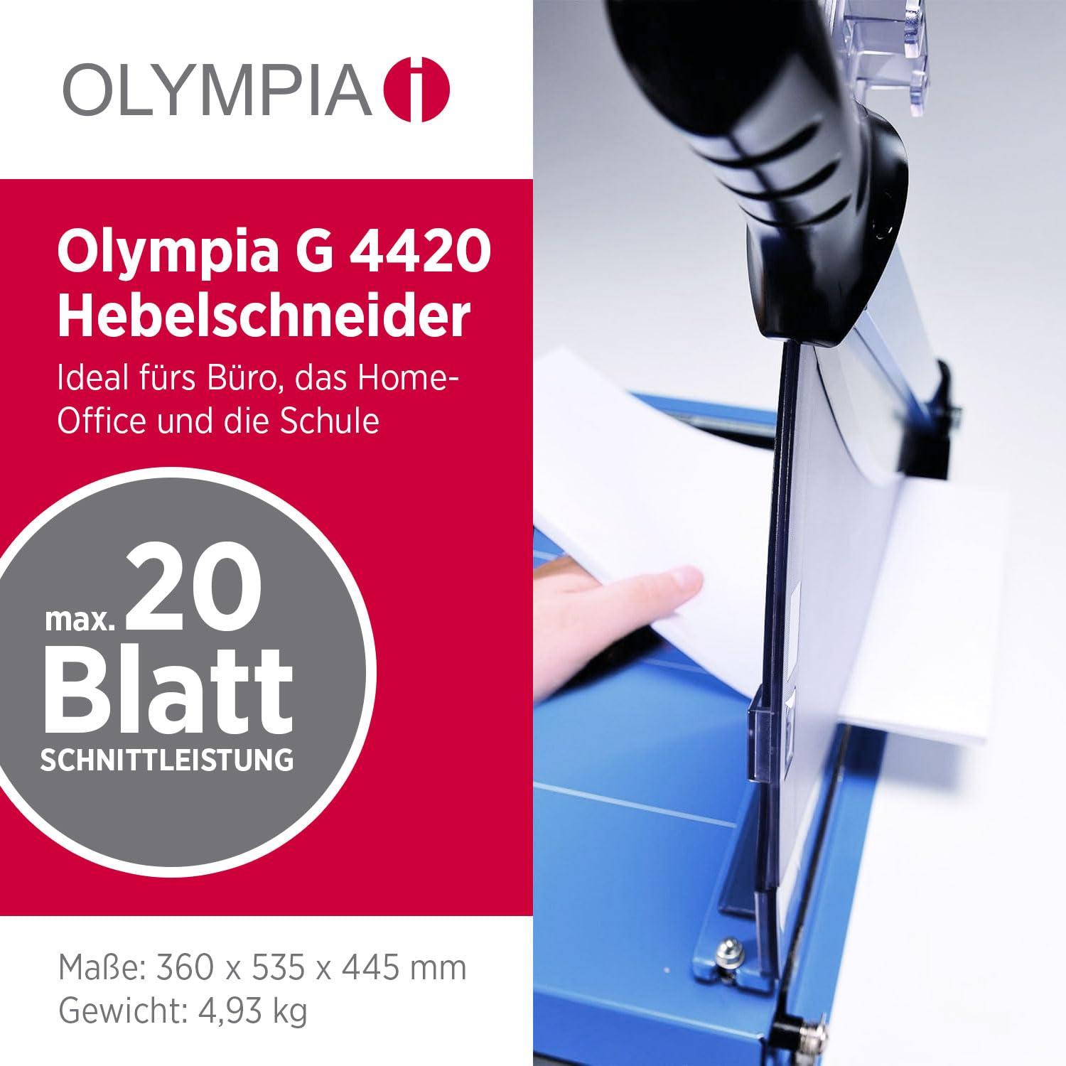 Olympia G 4420 Profi Hebelschneider | Papierschneidemaschine DIN A3 | 448mm Arbeitsbreite | Papierschneider A3 | sichere Schneidemaschine | bis zu 20 Blatt | Fingerschutz & arretierbarer Hebel | blau